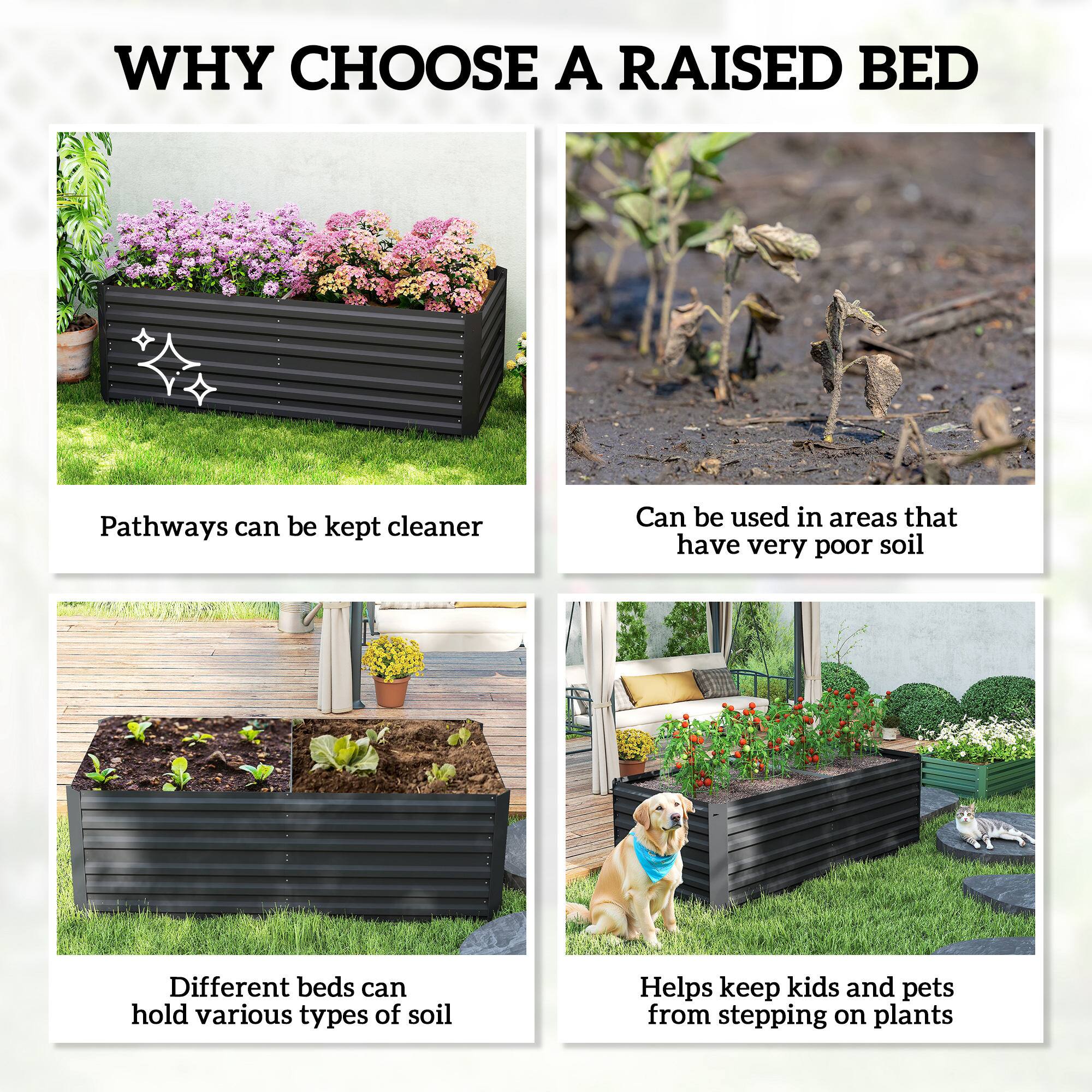 WHY CHOOSE A RAISED BED

- Pathways can be kept cleaner
- Can be used in areas that have very poor soil
- Different beds can hold various types of soil
- Helps keep kids and pets from stepping on plants