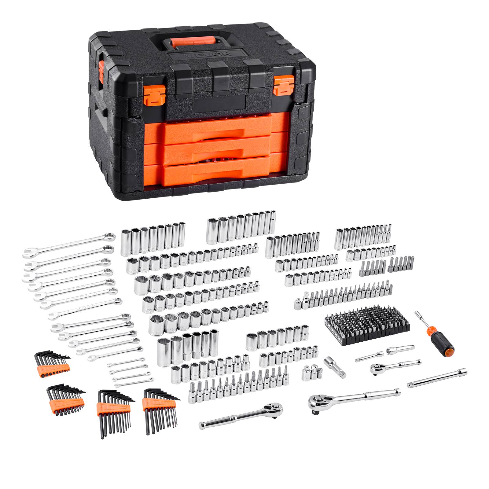 Alt View 5. VEVOR - Mechanics Tool Set and Socket Set, 450 Pcs, 1/4, 3/8 and 1/2 inch Drive Deep and Standard Sockets - Black; Orange.