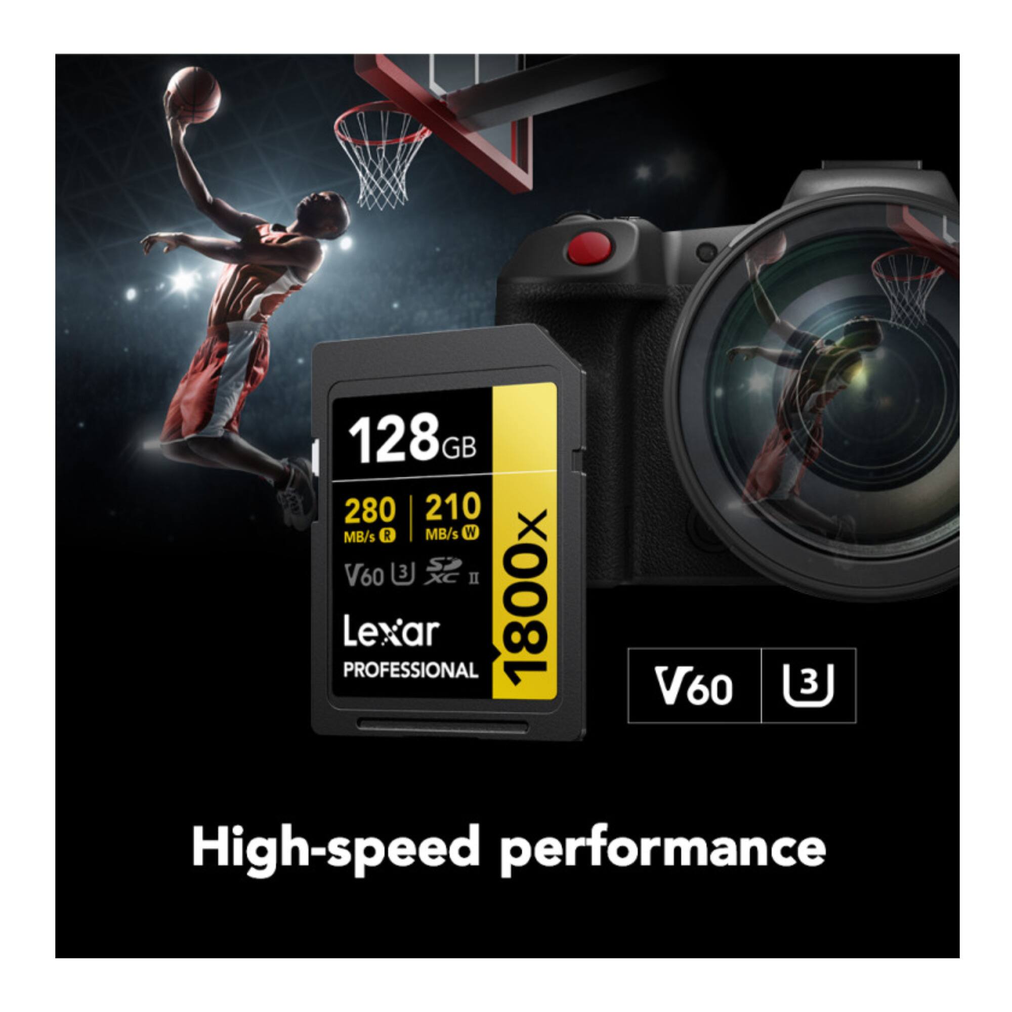 128GB 280 MB/s R 210 MB/s W V60 3 XC II PROFESSIONAL Lexar 1800x V60 3 High-speed performance