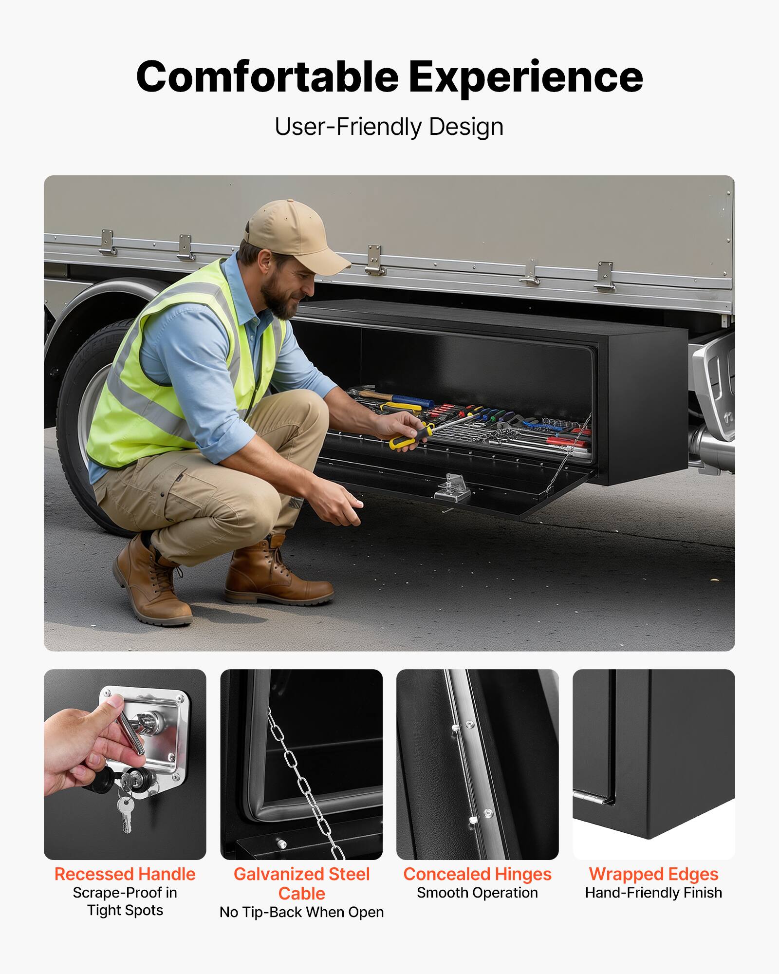 Comfortable Experience  
User-Friendly Design

- Recessed Handle  
  Scrape-Proof in Tight Spots

- Galvanized Steel Cable  
  No Tip-Back When Open

- Concealed Hinges  
  Smooth Operation

- Wrapped Edges  
  Hand-Friendly Finish