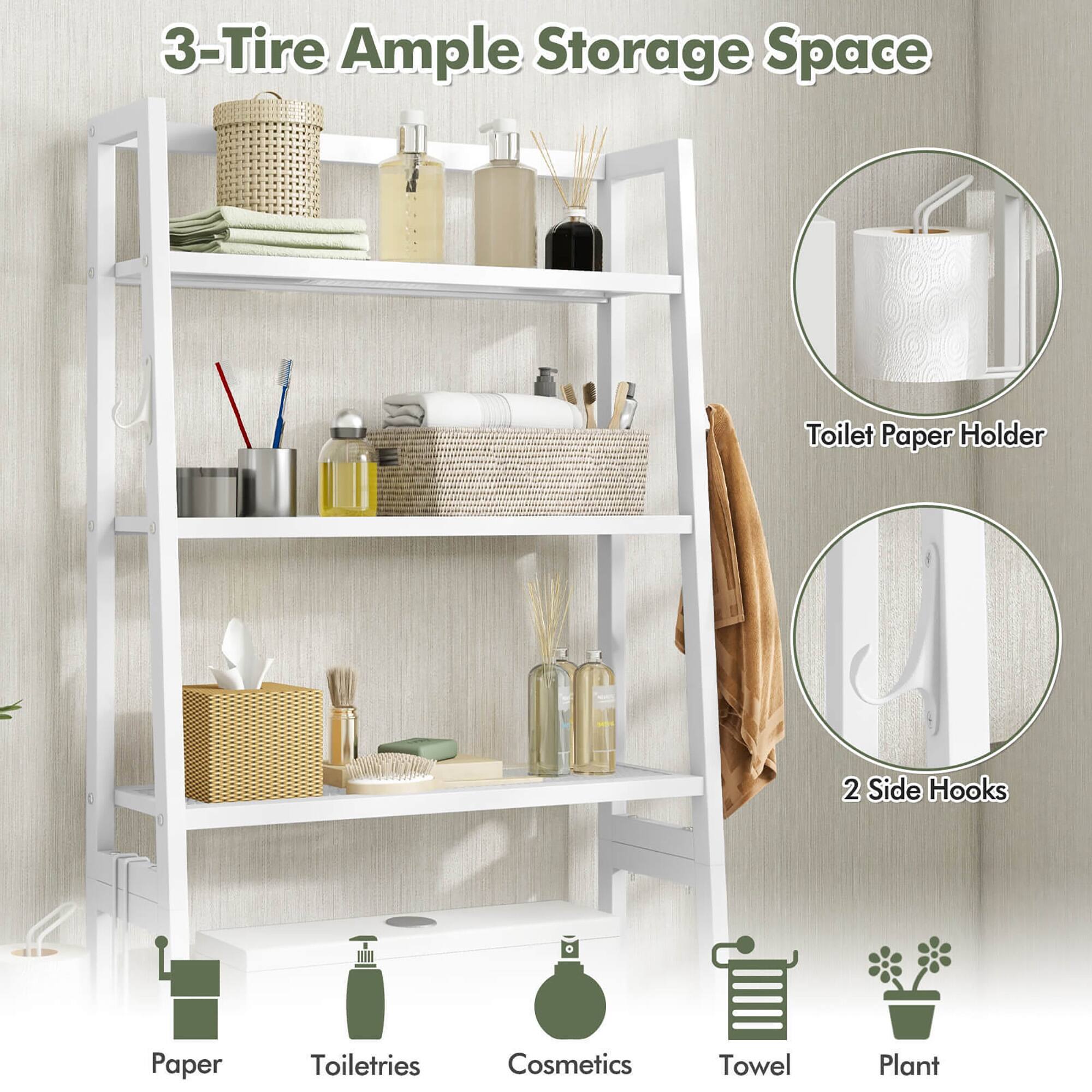 3-Tire Ample Storage Space

- Toilet Paper Holder
- 2 Side Hooks

Paper
Toiletries
Cosmetics
Towel
Plant