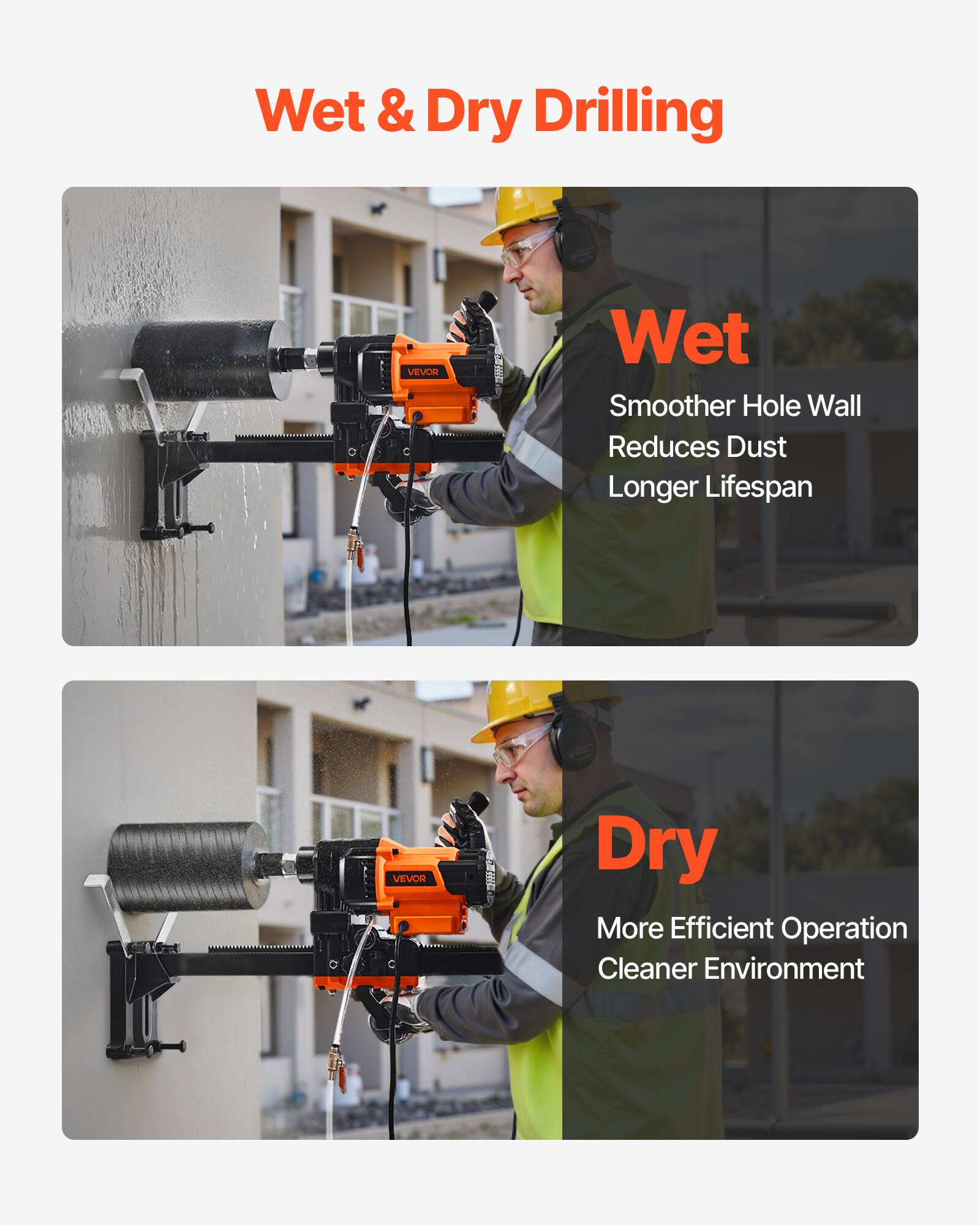 Wet & Dry Drilling

VEVOR

Wet
- Smoother Hole Wall
- Reduces Dust
- Longer Lifespan

VEVOR

Dry
- More Efficient Operation
- Cleaner Environment