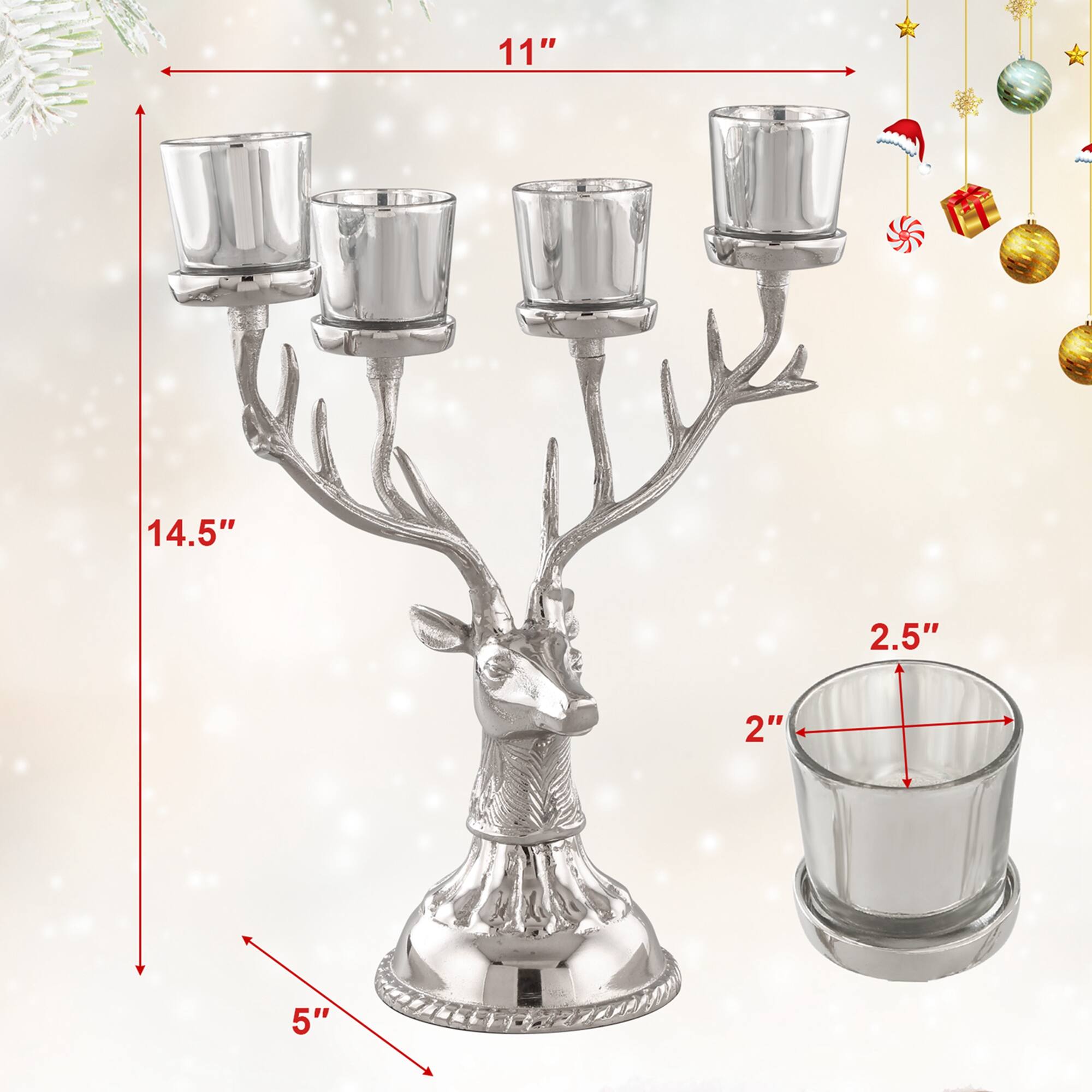 The corrected measurements from the image are:

- Height: 11"
- Width: 14.5"
- Depth: 5"
- Candle holder diameter: 2.5"
- Candle holder height: 2"