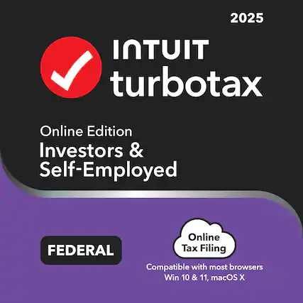 2025 Intuit TurboTax Online Edition Investors & Self-Employed
Federal Tax Filing
Compatible with most browsers
Win 10 & 11, macOS X