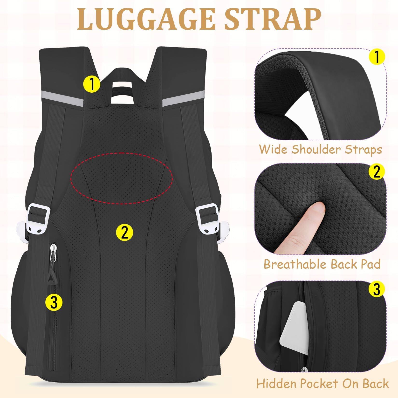 LUGGAGE STRAP

1. Wide Shoulder Straps
2. Breathable Back Pad
3. Hidden Pocket On Back