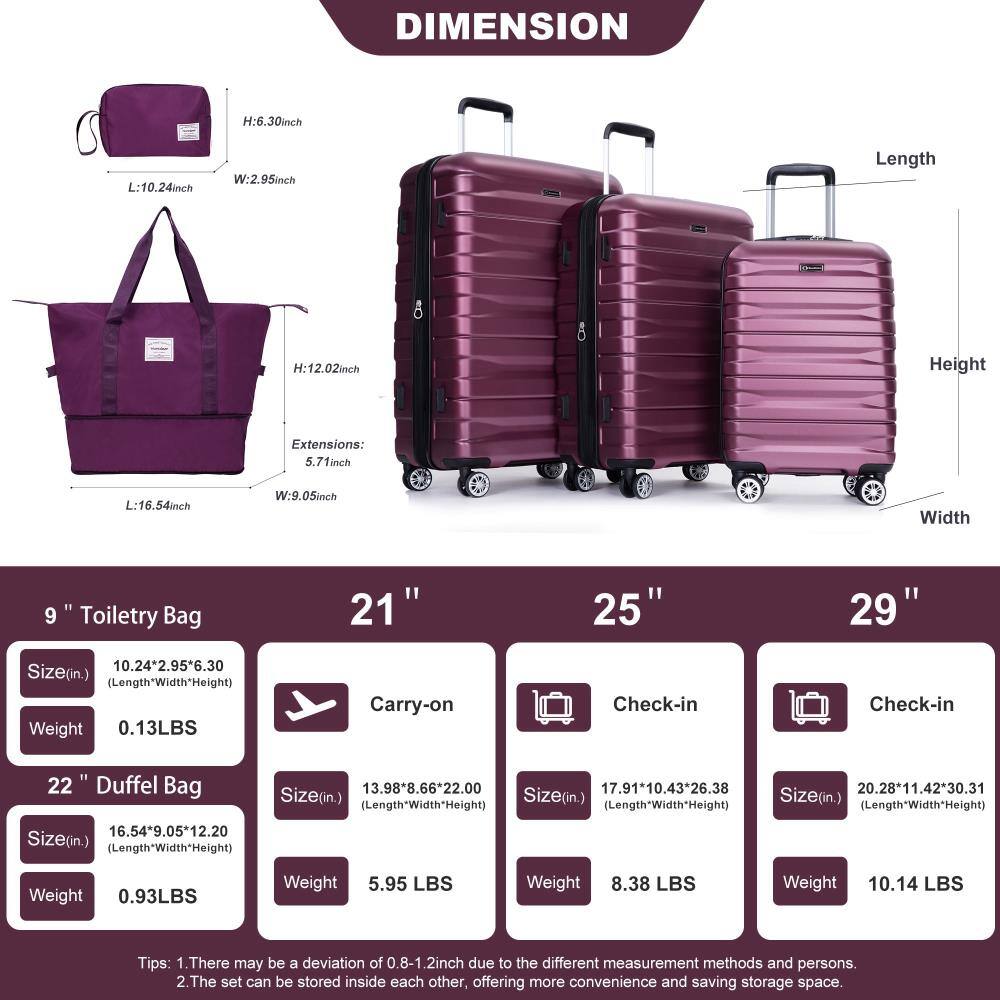 **DIMENSION**

- **9" Toiletry Bag**
  - Size (in.): 10.24" x 2.95" x 6.30" (Length x Width x Height)
  - Weight: 0.13 LBS

- **21" Duffel Bag**
  - Size (in.): 16.54" x 9.05" x 12.20" (Length x Width x Height)
  - Weight: 0.93 LBS

- **21" Carry-on**
  - Size (in.): 13.98" x 8.66" x 22.00" (Length x Width x Height)
  - Weight: 5.95 LBS

- **25" Check-in**
  - Size (in.): 17.91" x 10.43" x 26.38" (Length x Width x Height)
  - Weight: 8.38 LBS

- **29" Check-in**
  - Size (in.): 20.28" x 1