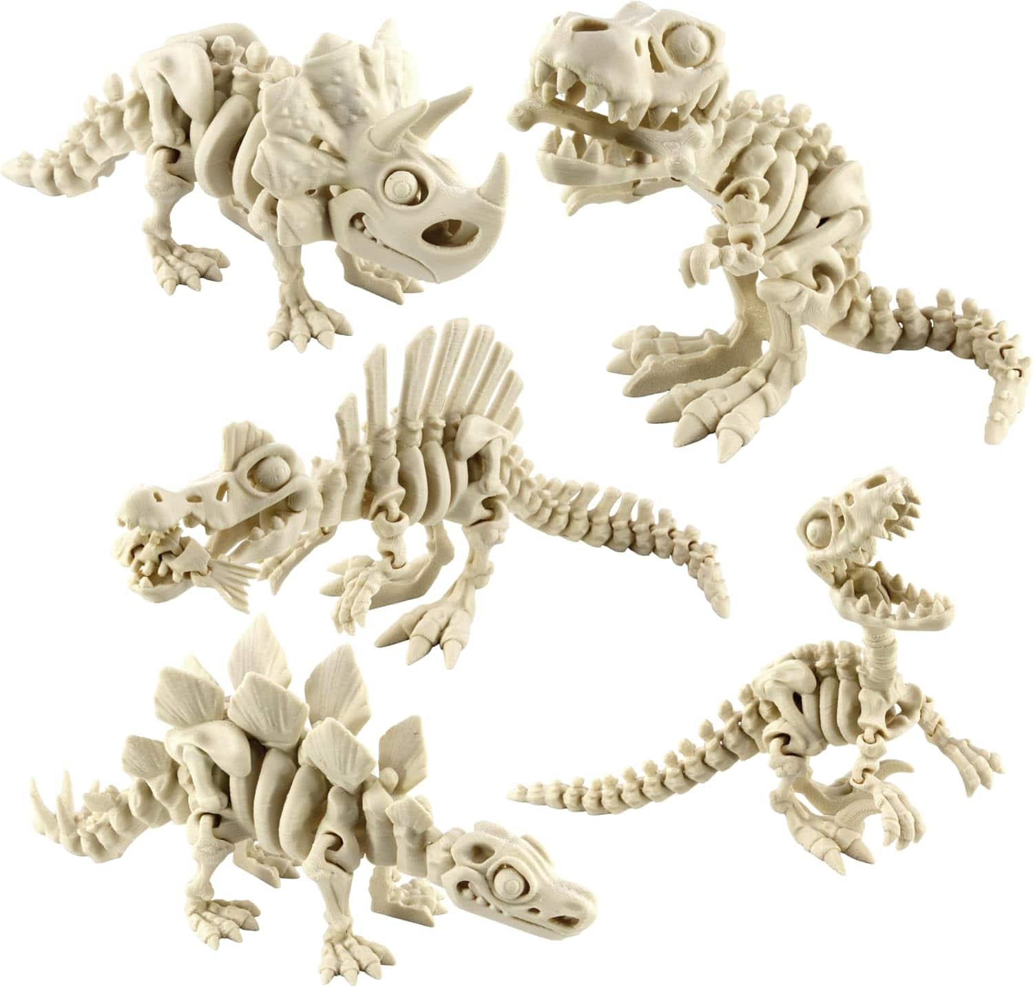 5PCS 3D Printed Dinosaur Skeletons T-Rex Triceratops Stegosaurus Velociraptor Spinosaurus Dragon Toys White by PowerTRC