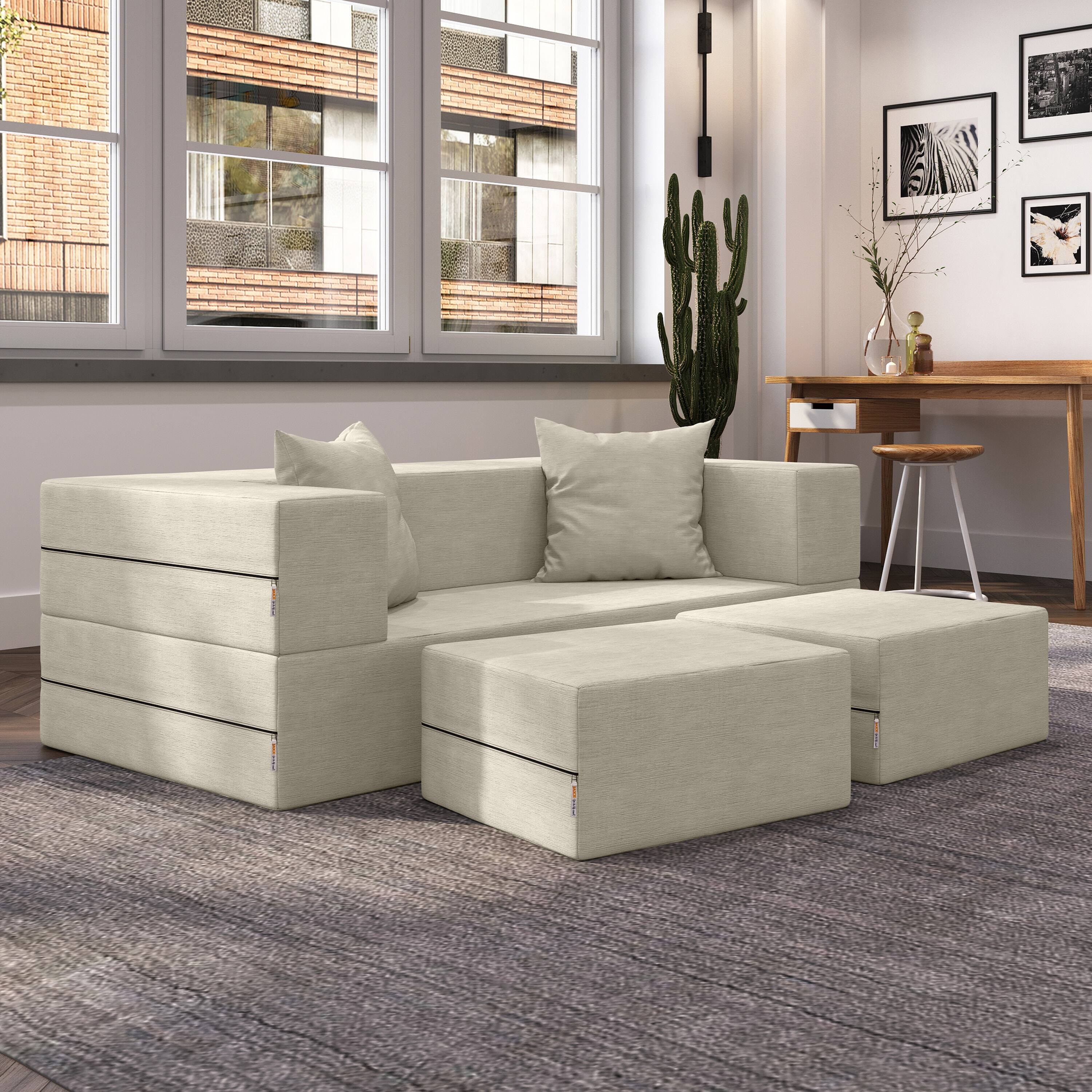 Left. Jaxx - Jaxx Zipline Convertible Sleeper Loveseat & Ottomans, Textured Microvelvet - Ivory - Ivory.