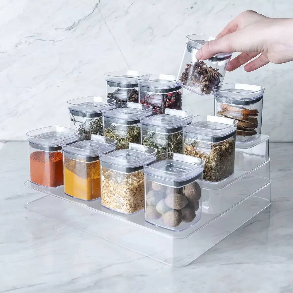 Left. OU - OU Spice Rack Organizer, 13pc 5oz Spice Containers 3 Tier Clear Spice Holder and Seasoning Organizer - Clear.