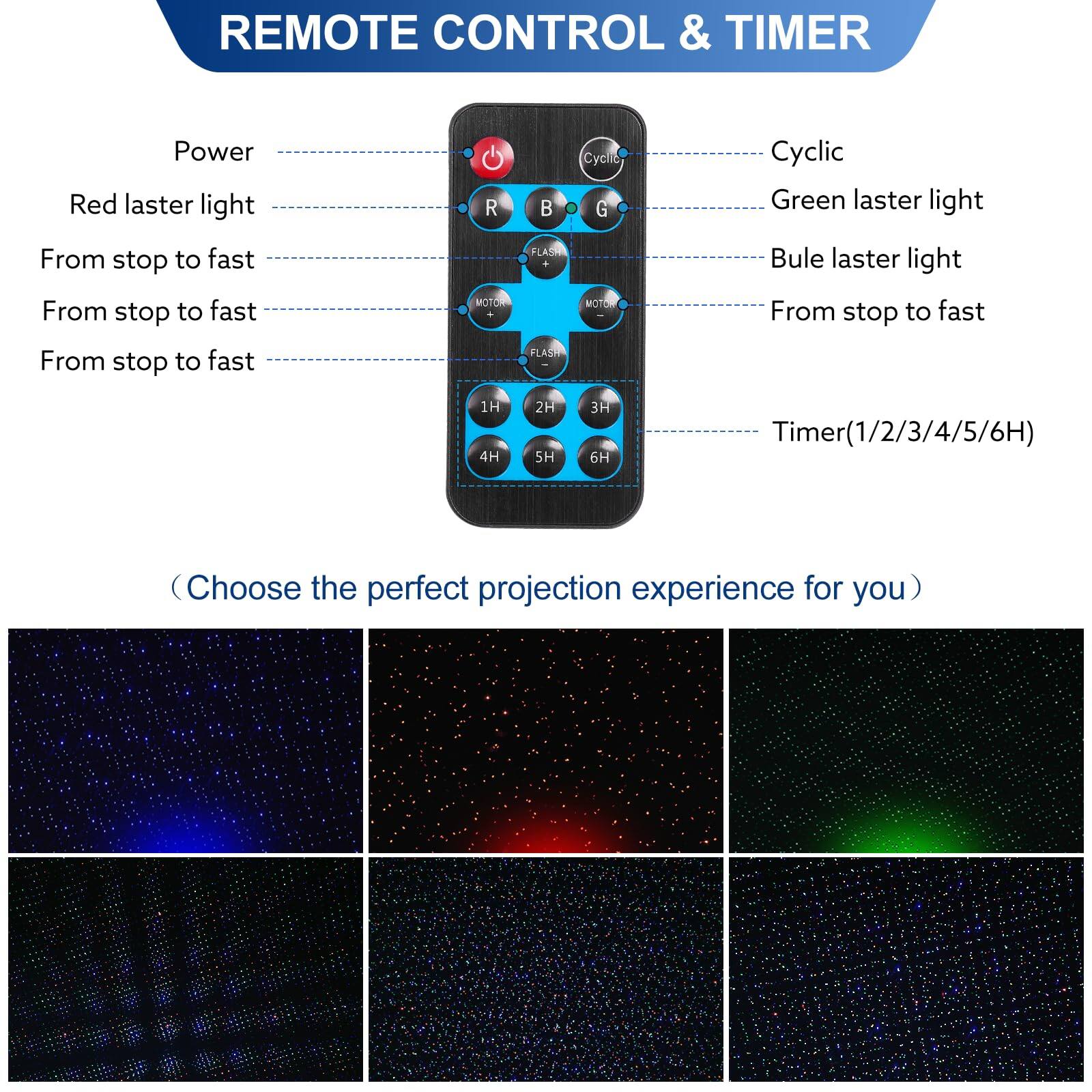 REMOTE CONTROL & TIMER

- Power
- Red laser light
- From stop to fast
- From stop to fast
- From stop to fast
- Cyclic
- Green laser light
- Blue laser light
- From stop to fast
- Timer (1/2/3/4/5/6H)

(Choose the perfect projection experience for you)