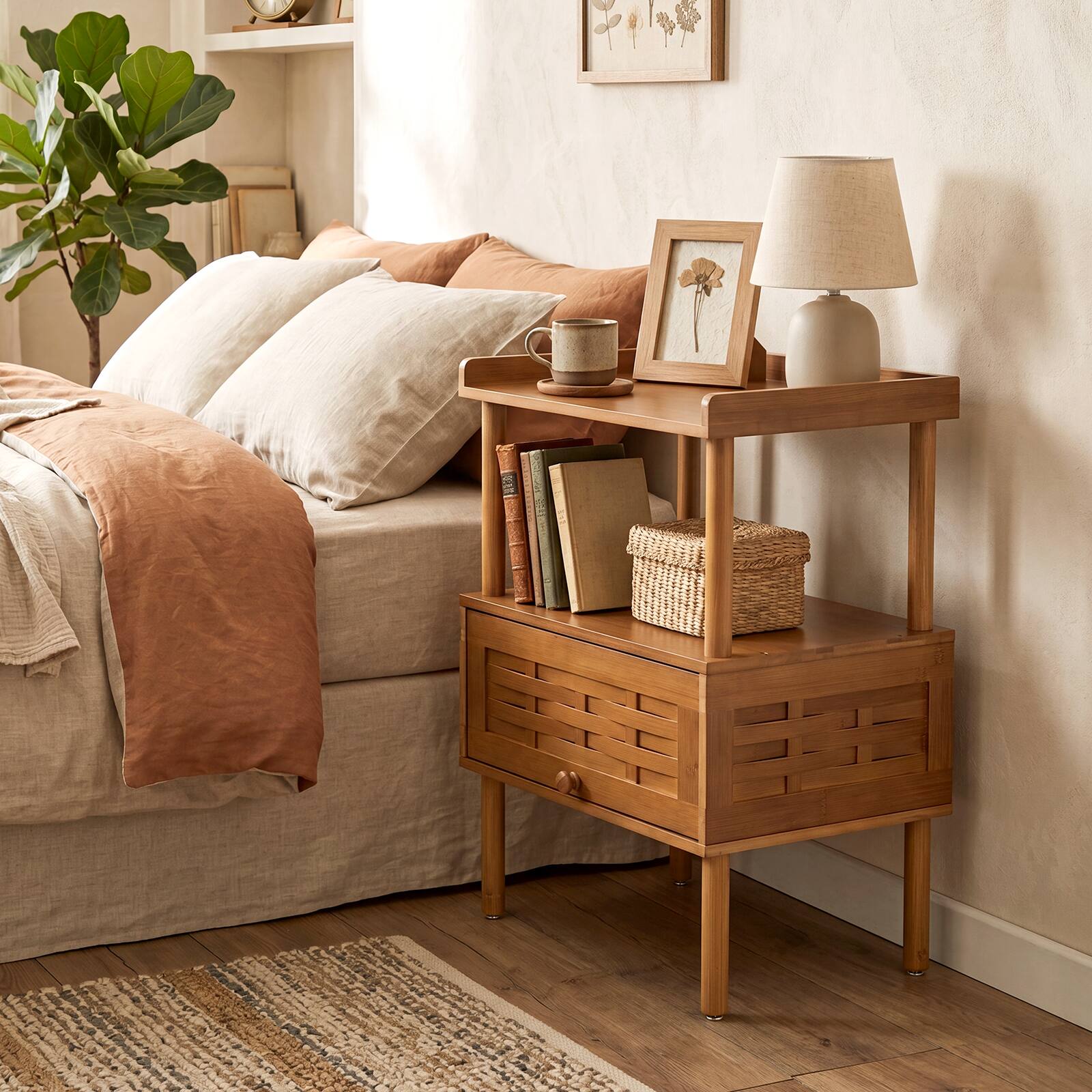 Alt View 1. Gymax - Gymax Bamboo Rattan Nightstand Natural Side Table w/ Raised Edge Flip-Up Door Walnut - Brown.
