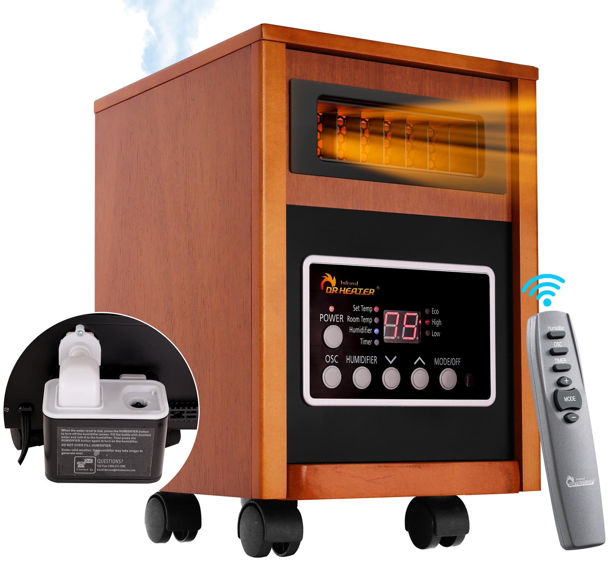 DR. INFRARED HEATER - DR-998, 1500W, Advanced Dual Heating System with Humidifier and Remote Control - Cherry