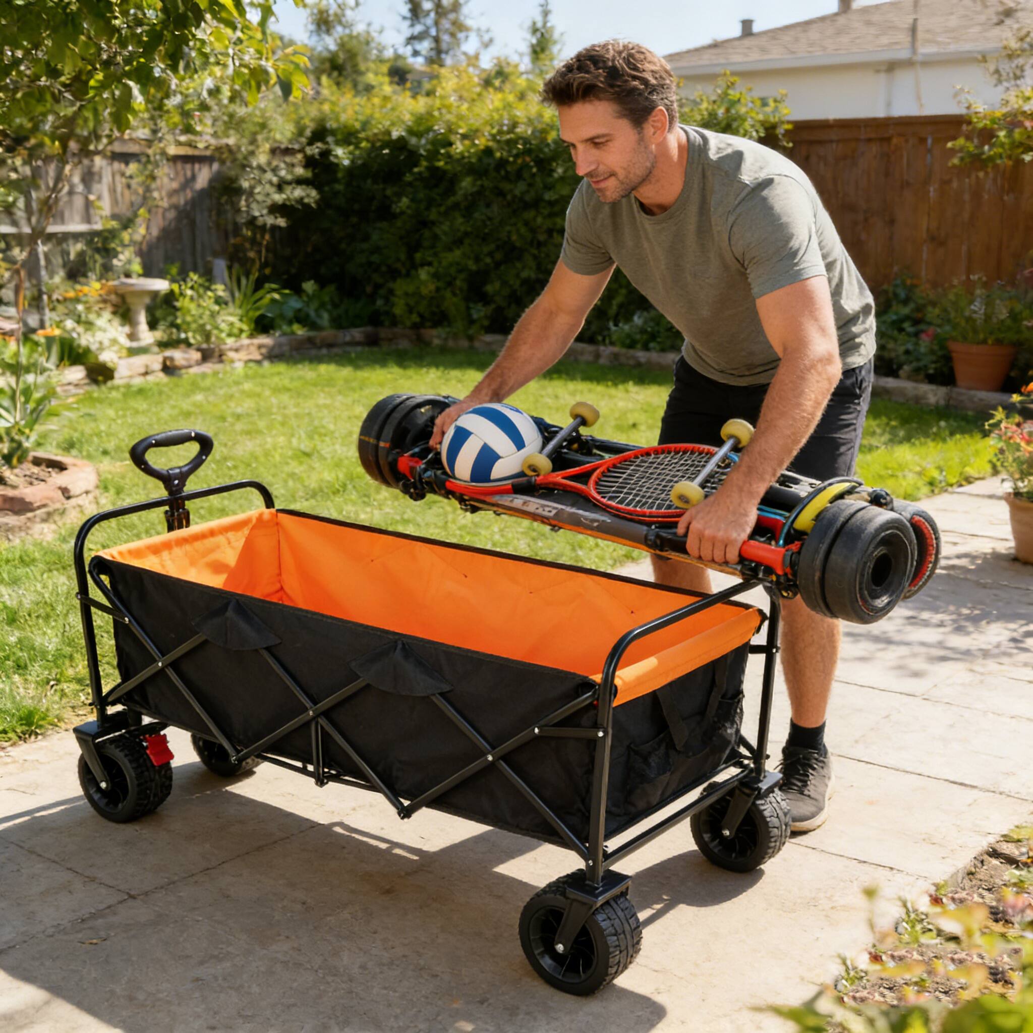 Angle. Whisen - Outdoor Wagon & Garden Cart, Large Capacity Folding Utility Wagon w/ Wide Wheels & Adjustable Handle - Black | Orange.
