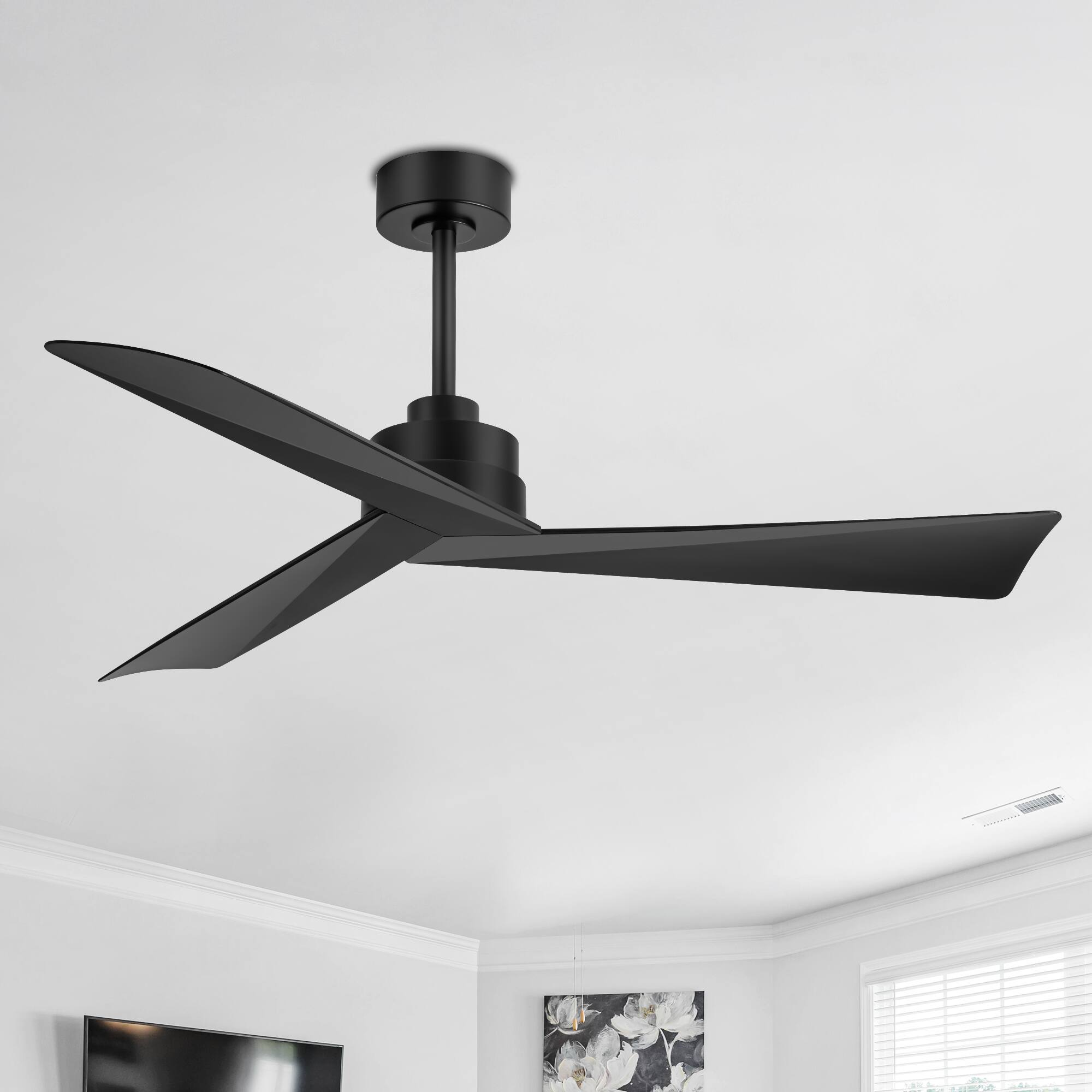 Back. Breezary - 52-Inch Lightless Ceiling Fan with 3-Blade, 5"/10" Downrods, 6-Speed DC Motor, Remote Control & Memory Function - Matte Black.