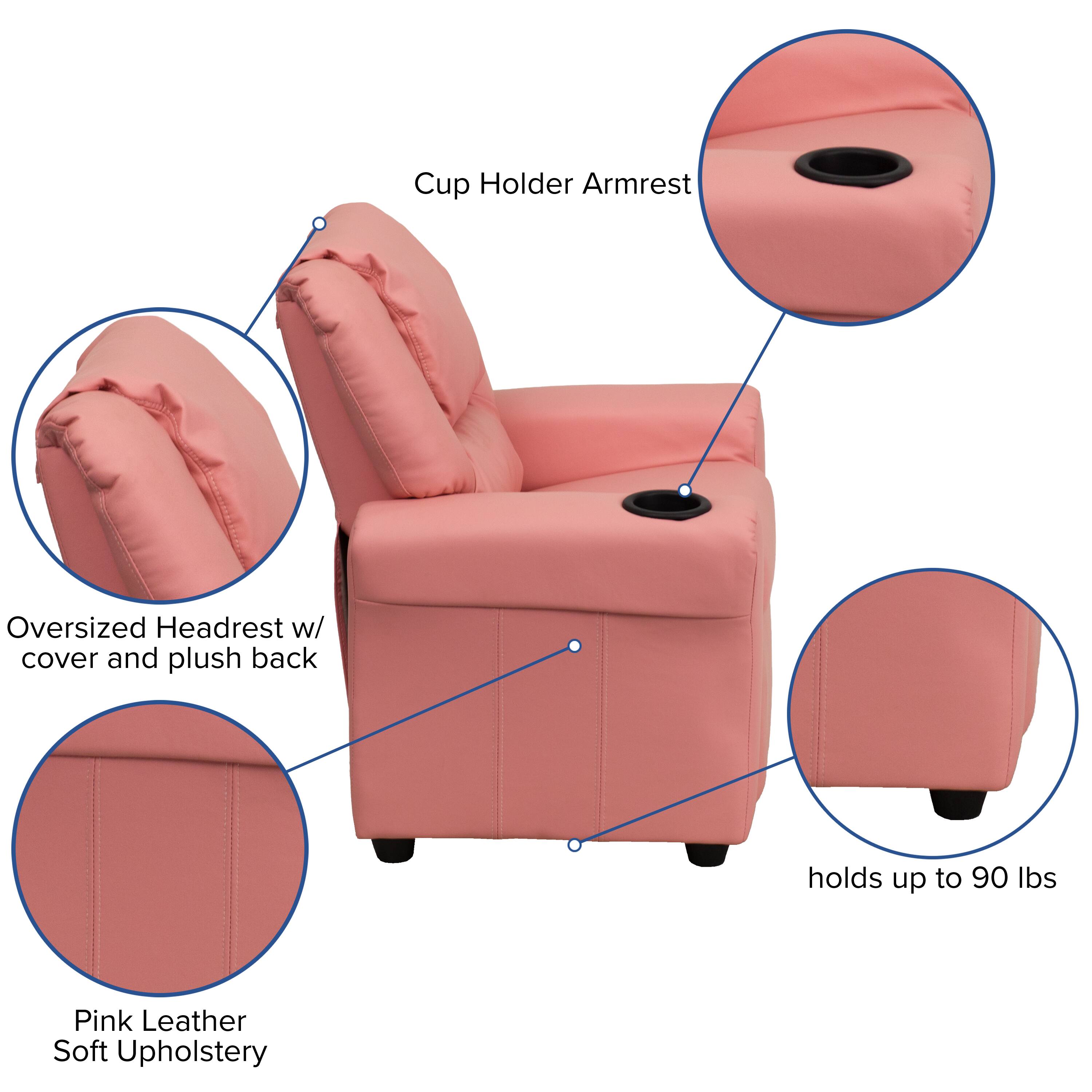 Cup Holder Armrest  
Oversized Headrest w/ cover and plush back  
Pink Leather Soft Upholstery  
holds up to 90 lbs