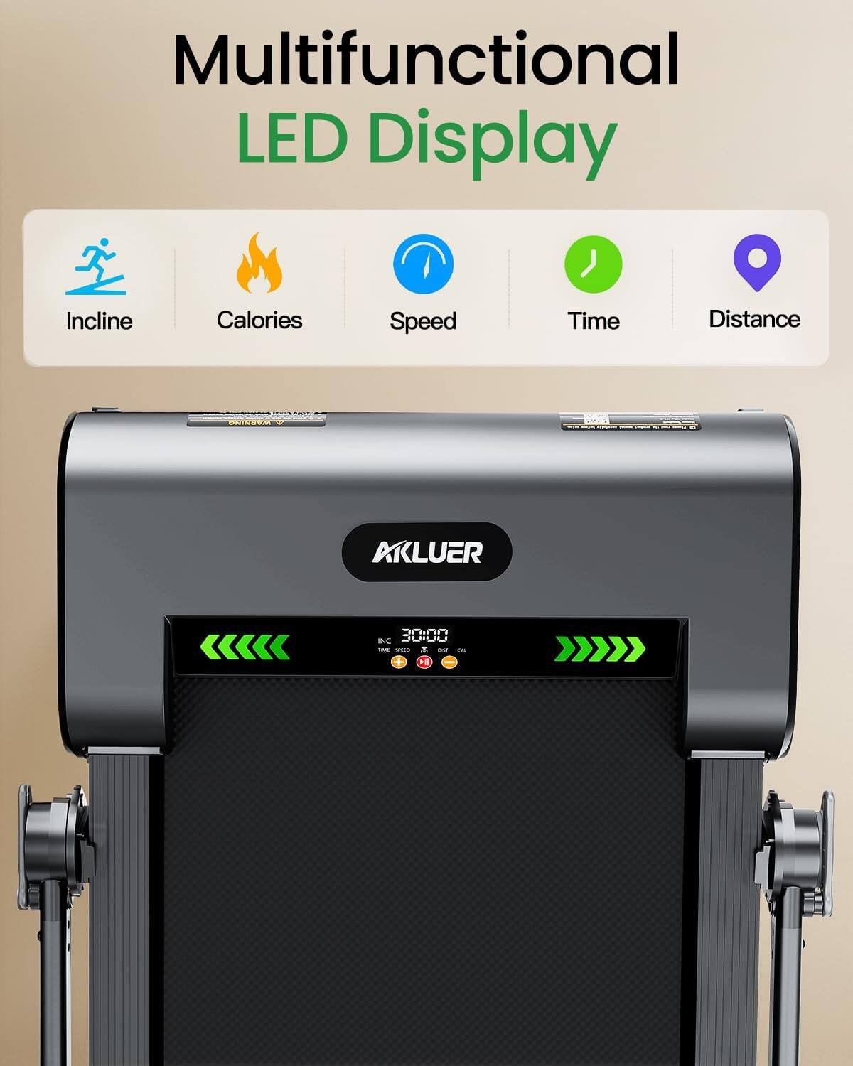Multifunctional LED Display

Incline Calories Speed Time Distance

AKLUER