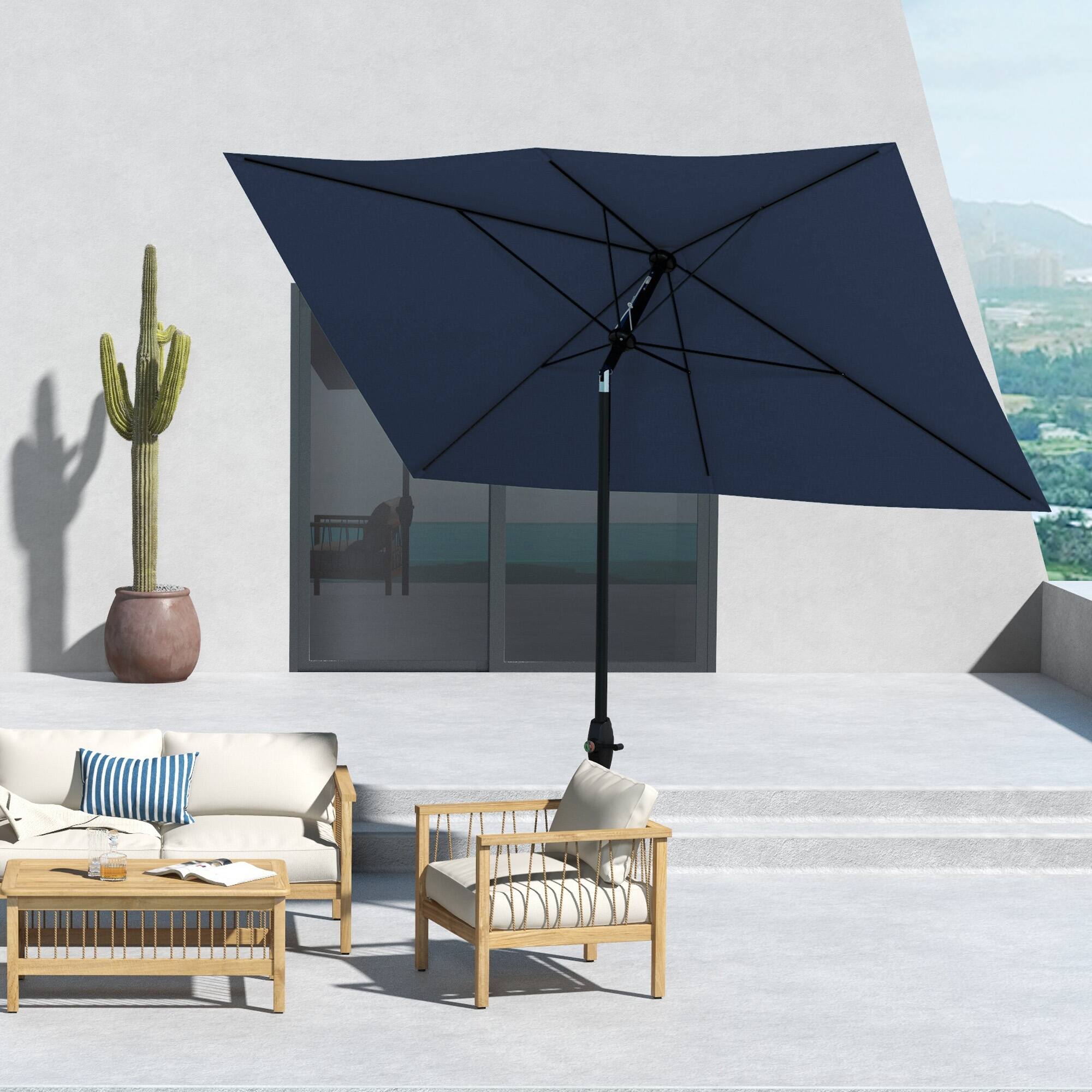 Alt View 8. Outsunny - 6.5' x 10' Rectangular Market Umbrella, Patio Outdoor Table Umbrella with Crank and Push Button Tilt - Blue.