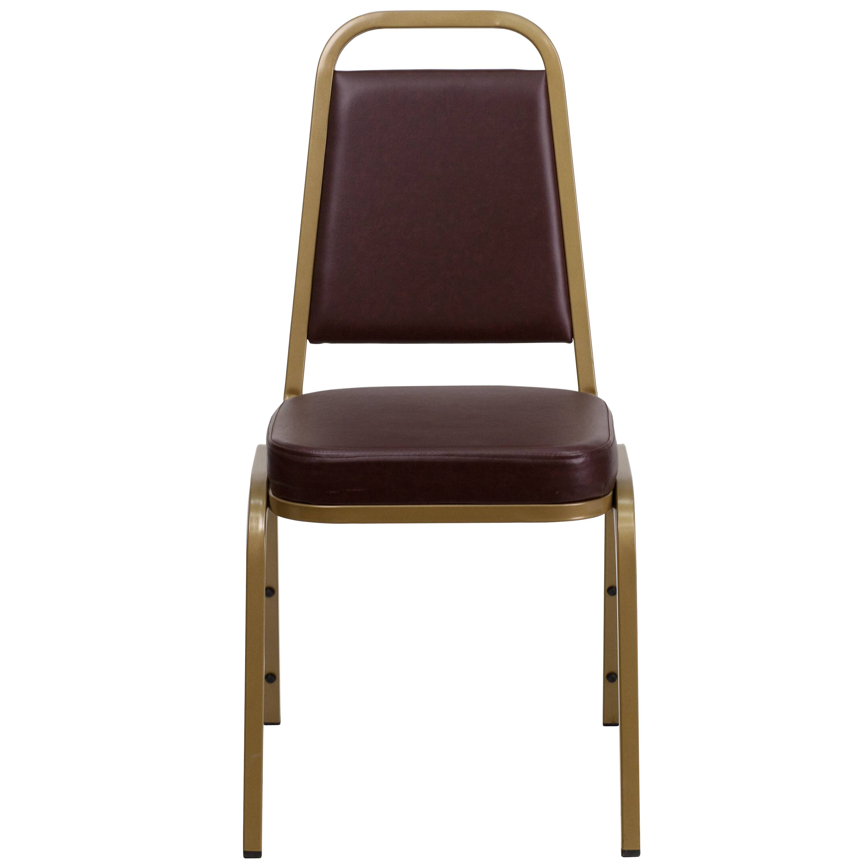 Alt View 7. Emma + Oliver - Trapezoidal Back Stacking Banquet Dining Chair - 2.5" Thick Seat - Brown Vinyl/Gold Frame.