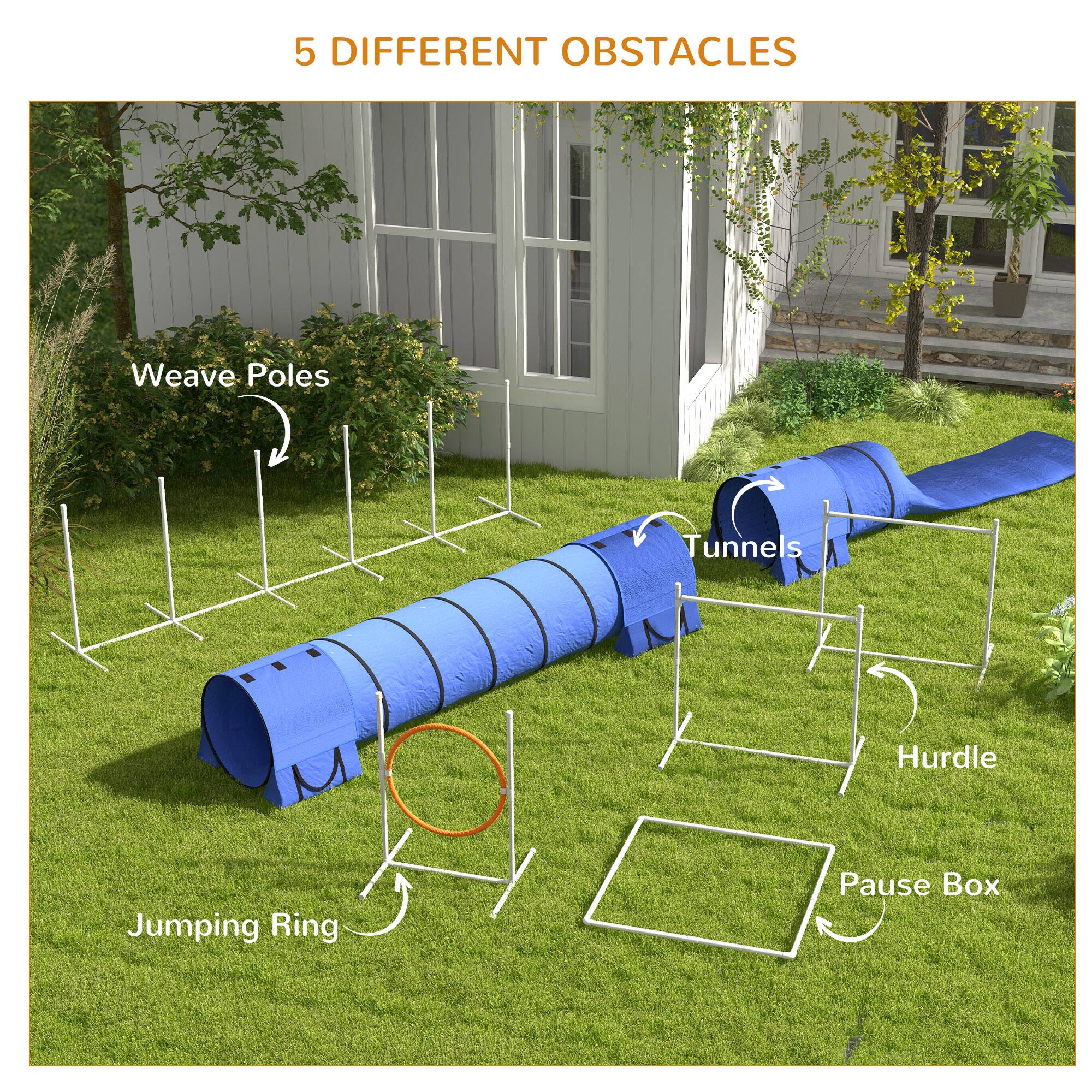 5 DIFFERENT OBSTACLES

- Weave Poles
- Tunnels
- Hurdle
- Jumping Ring
- Pause Box