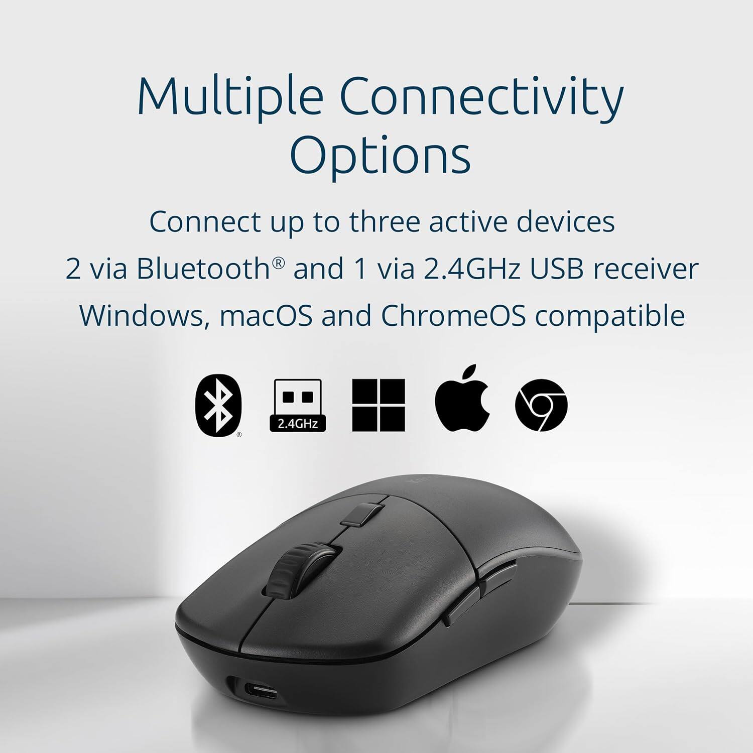 Multiple Connectivity Options

Connect up to three active devices  
2 via Bluetooth® and 1 via 2.4GHz USB receiver  
Windows, macOS and ChromeOS compatible