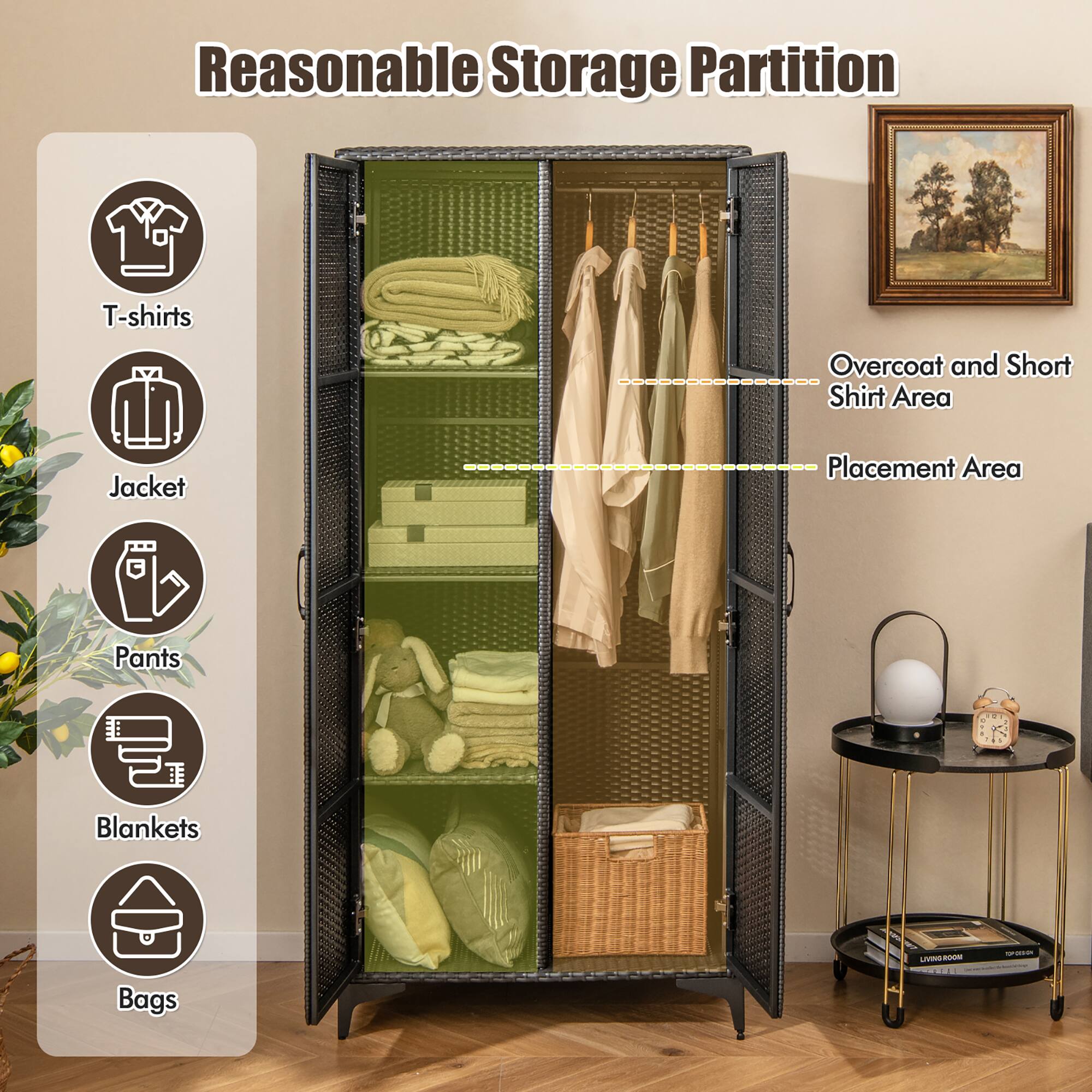 Reasonable Storage Partition

- T-shirts
- Jacket
- Pants
- Blankets
- Bags

Overcoat and Short Shirt Area
Placement Area
