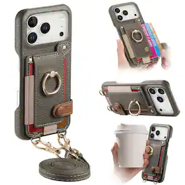 Dteck - Lychee Texture Wallet Case for Apple iPhone 17 Pro Max with Ring Stand,Crossbody Faux Leather Cover with Card Holder - Gray