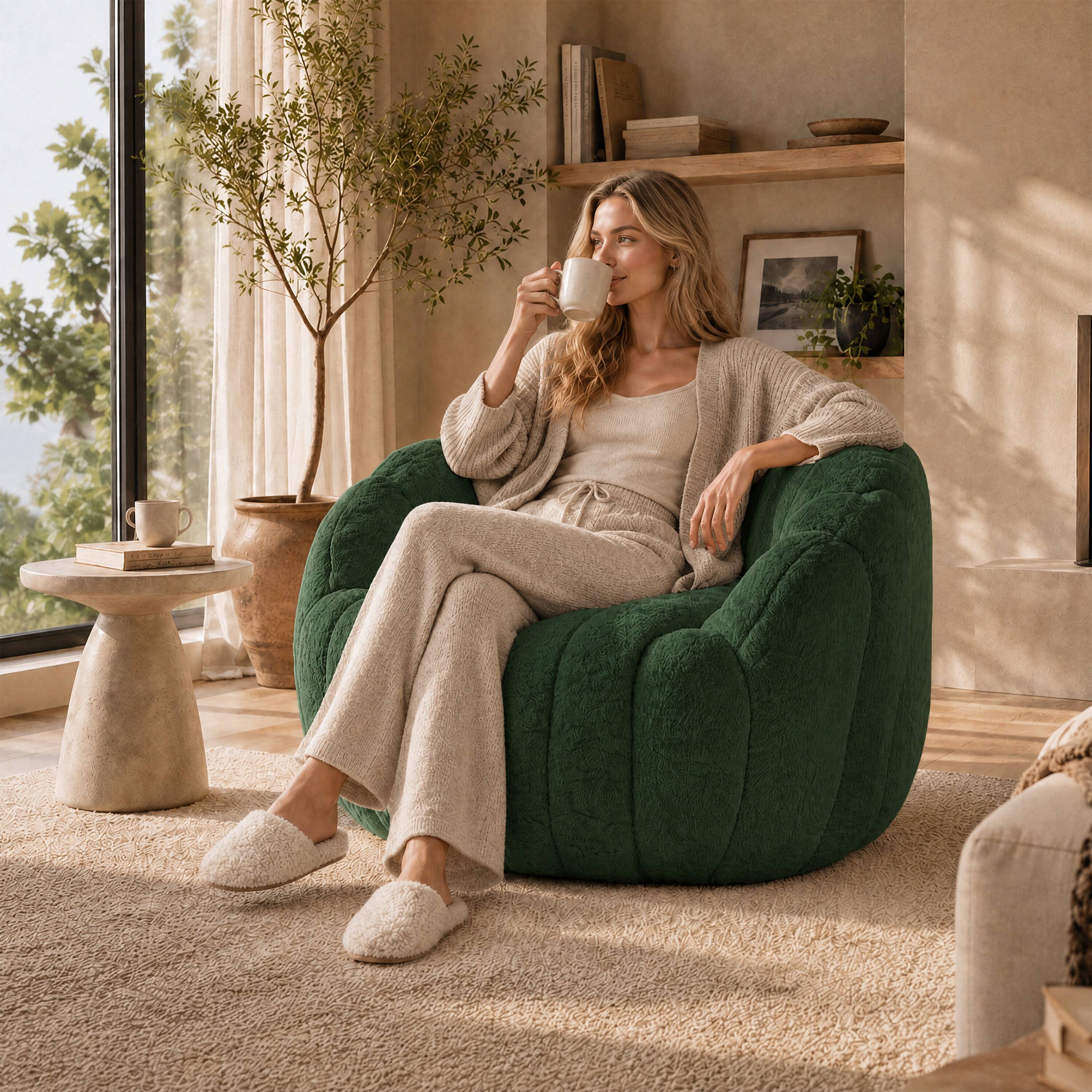 Left. Vipbear - Shell-Shaped Bean Bag Chair for Adults and Teens, Faux Fur Sofa Chair, Comfy Accent Chair  with Foam Filling - Green.