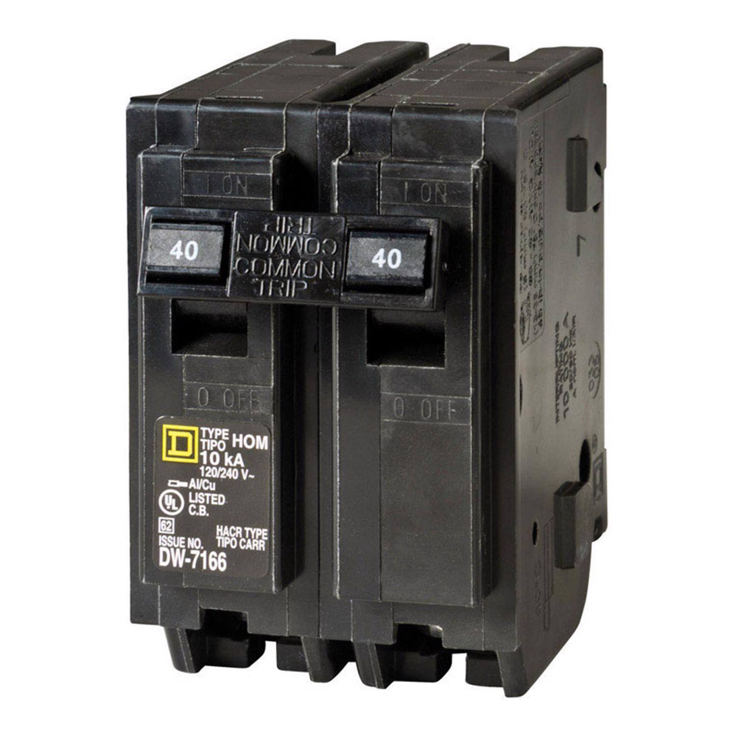 ON ION 40 COMMON 40 COMMON TRIP

1 0 OFF TYPE TIPO HOM 10 kA 120/240 V~ Al/Cu LISTED .. 62 HACR TYPE ISSUE NO. TIPO CARR DW-7166

0 OFF