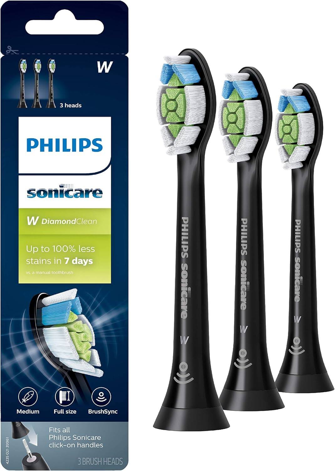 Philips - Sonicare W DiamondClean Replacement Toothbrush Heads, 3 Pack, HX6063/95 - Black