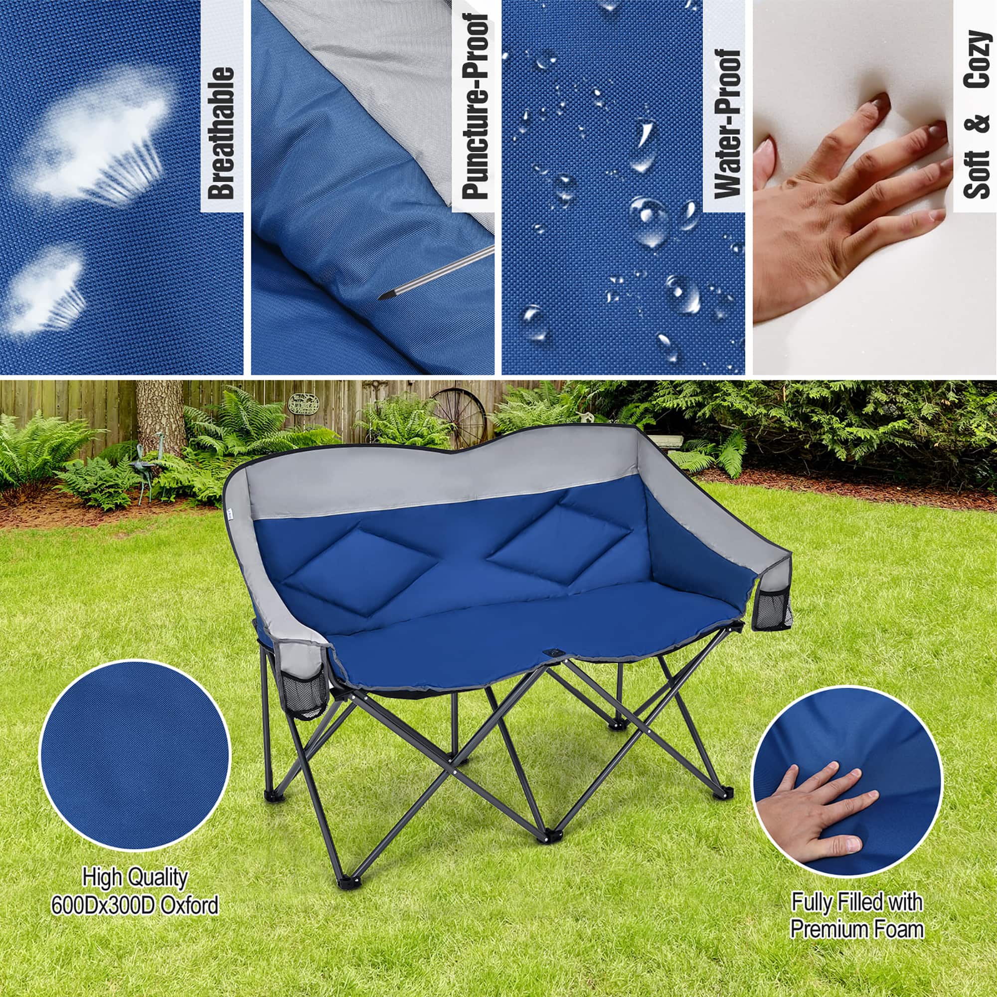 The text on the image is grouped and corrected as follows:
"Breathable Puncture-Proof Water-Proof Cozy & Soft High Quality 600Dx300D Oxford Fully Filled with Premium Foam"