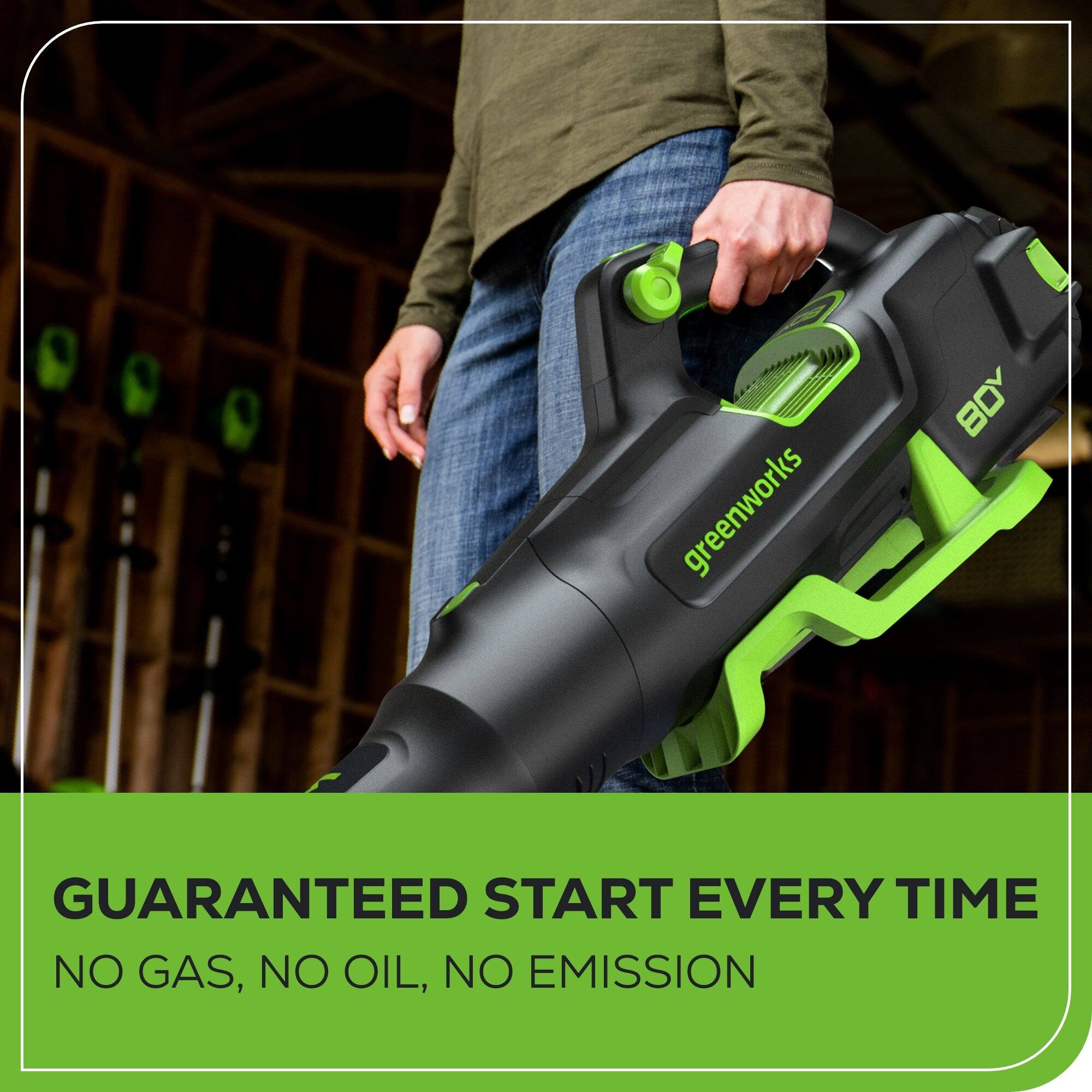greenworks B0Y  
GUARANTEED START EVERY TIME  
NO GAS, NO OIL, NO EMISSION