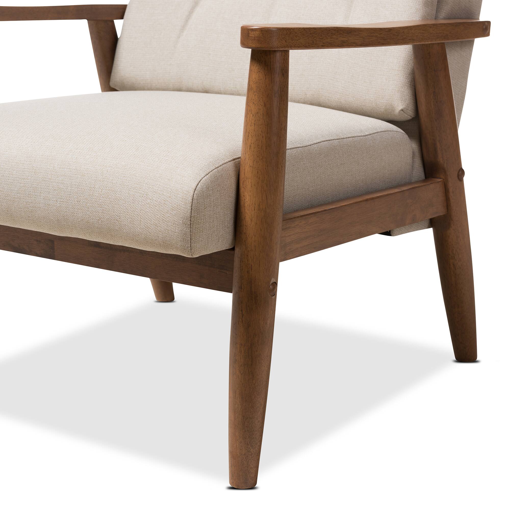 Alt View 2. Baxton Studio - Roxy Mid-Century Modern Walnut Finish Wood and Fabric Upholstered Button-Tufted High-Back Chair - Light Beige/"Walnut" Brown.