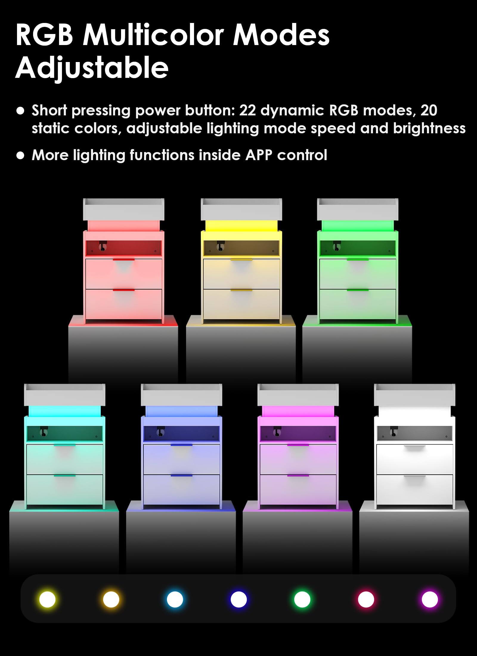 RGB Multicolor Modes Adjustable

- Short pressing power button: 22 dynamic RGB modes, 20 static colors, adjustable lighting mode speed and brightness
- More lighting functions inside APP control