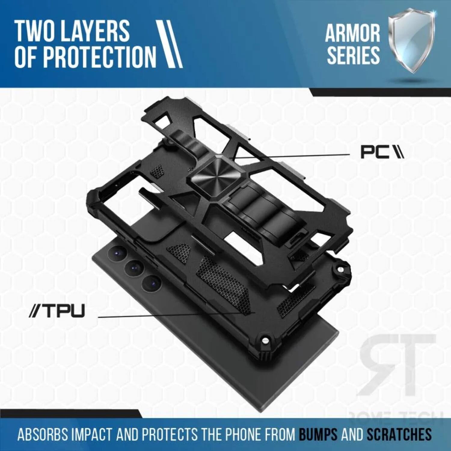 TWO LAYERS OF PROTECTION

ARMOR SERIES

PC // TPU

ABSORBS IMPACT AND PROTECTS THE PHONE FROM BUMPS AND SCRATCHES