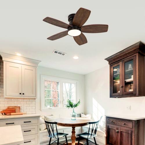 Alt View 1. LUCKY ONE - 32" Low Profile Ceiling Fan with Light Remote Flush Mount 6-Speed - Black + Dark Walnut.