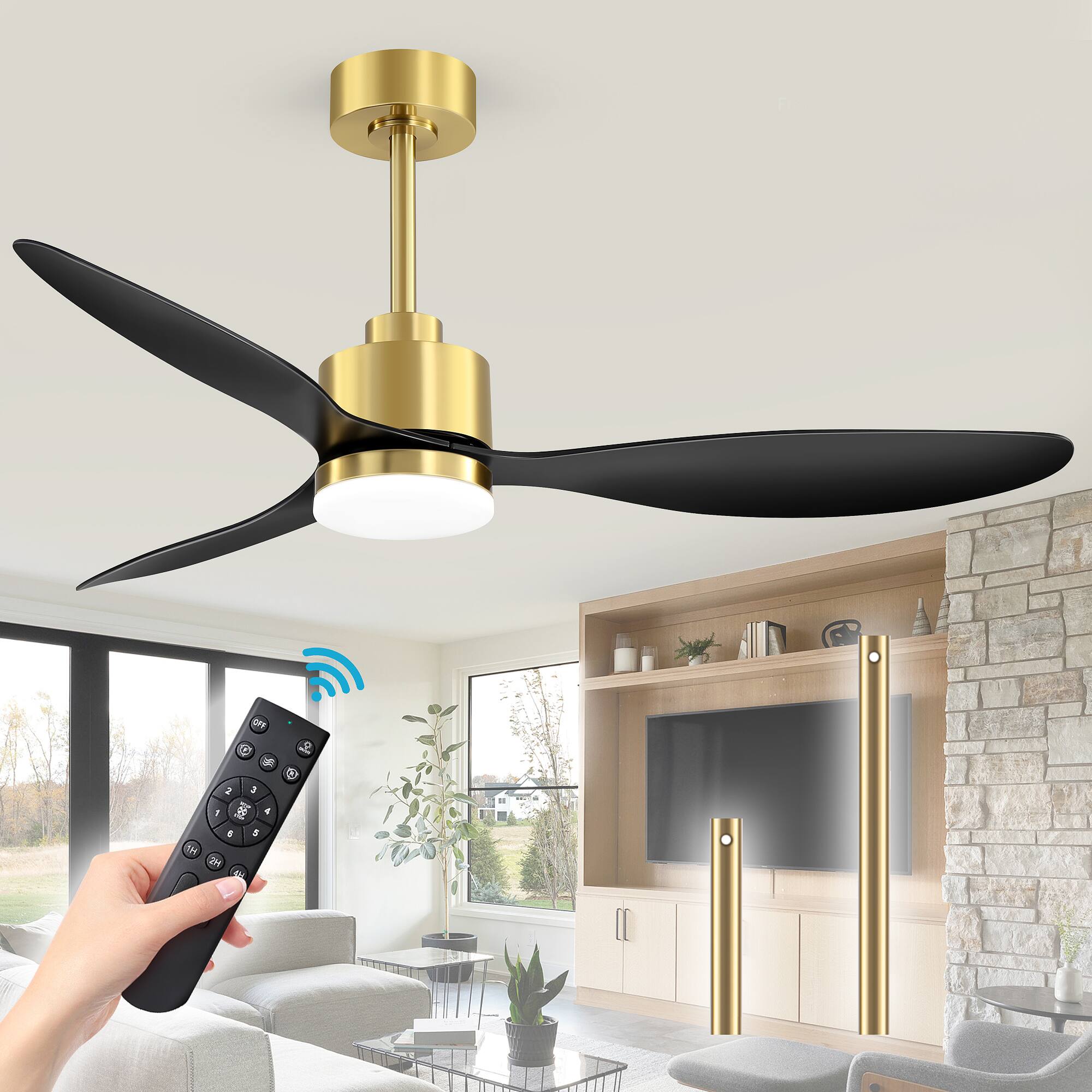 Angle. Breezary - 52" Indoor Ceiling Fan, 3 ABS Blades, 6-Speed DC Motor, Remote Control, Memory/Timer, 3-Color LED Light, 5"/10" Downrods - Gold and Matte Black.