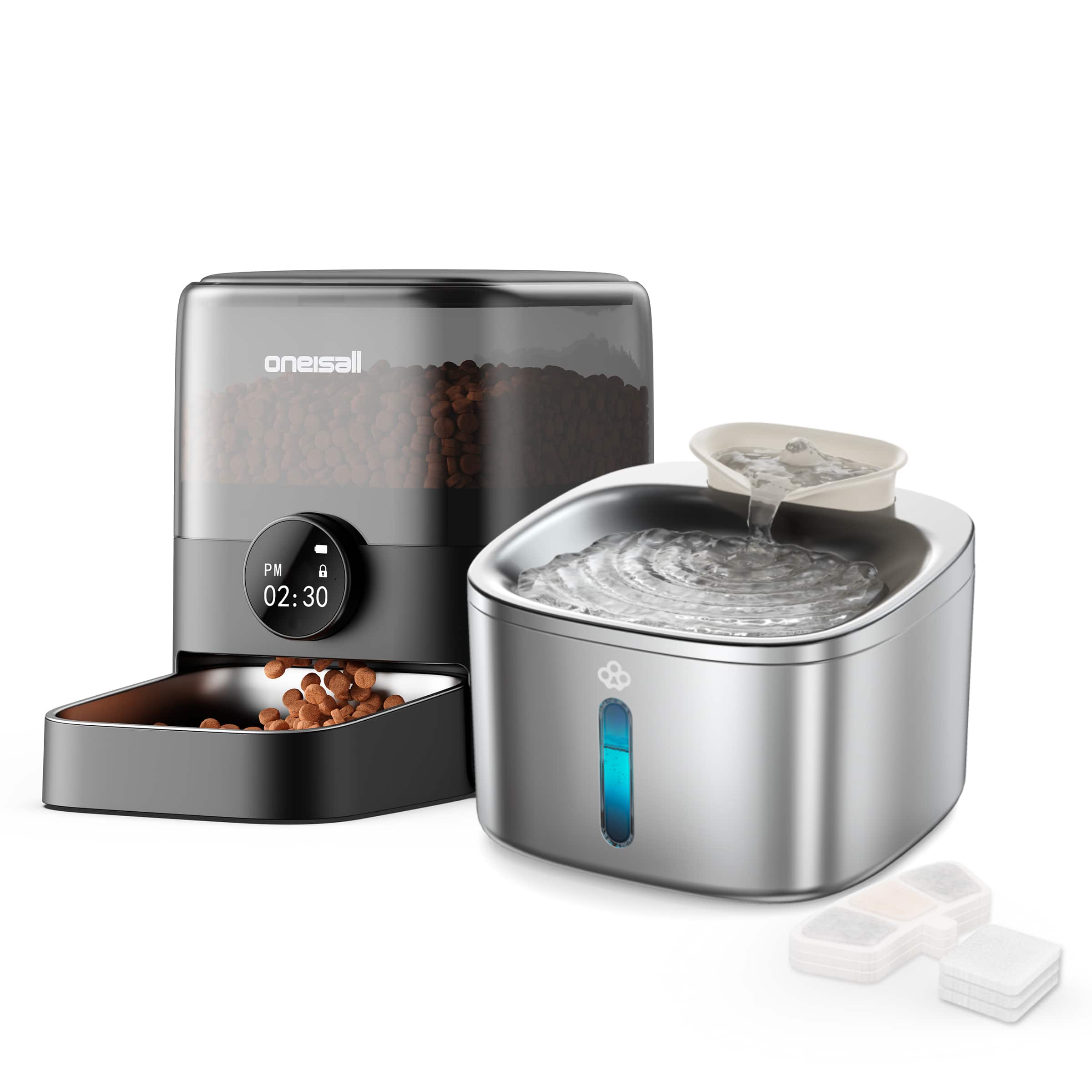 Oneisall - Feeding Combo: 3L Automatic Cat Feeder & 3.5L Corded Cat Water Fountain with 3 Filter - Black