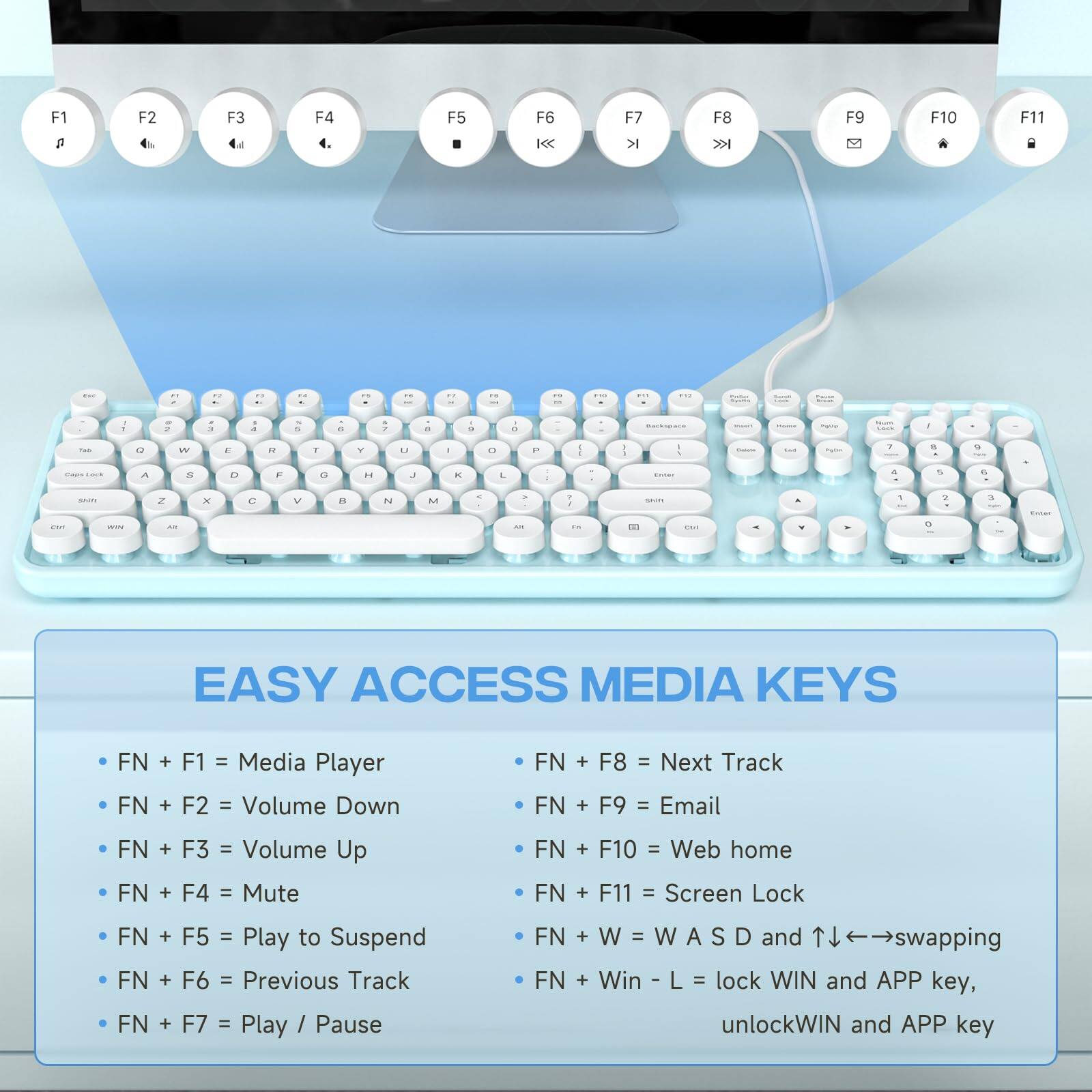 Sure, here is the corrected and grouped text:

---

**EASY ACCESS MEDIA KEYS**

- **FN + F1** = Media Player
- **FN + F2** = Volume Down
- **FN + F3** = Volume Up
- **FN + F4** = Mute
- **FN + F5** = Play to Suspend
- **FN + F6** = Previous Track
- **FN + F7** = Play / Pause
- **FN + F8** = Next Track
- **FN + F9** = Email
- **FN + F10** = Web home
- **FN + F11** = Screen Lock
- **FN + W** = W A S D and ↑↓←→ swapping
- **FN + Win - L** = lock WIN and APP key, unlock WIN and APP key

---

**F1** = Task Lock  
**F2** = Volume Down  
**F3** = Volume Up  
**F4** = Mute  
**F5** = Play to Suspend  
**F6** = Previous Track  
**F7** = Play / Pause  
**F8** = Next Track  
**F9** =