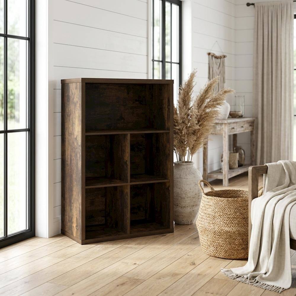 Angle. FurniFact - Wood bookcase with adjustable shelves for versatile storage - Amber Pine.