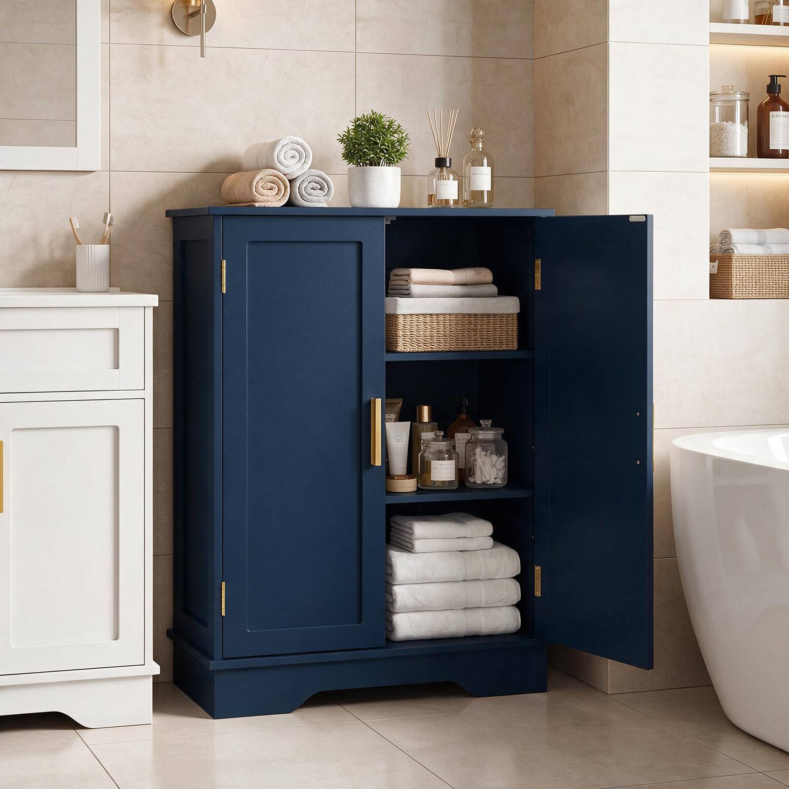 Alt View 7. Costway - Costway Bathroom Storage Cabinet with 2 Doors & 3-Tier Adjustable Shelf - Blue.