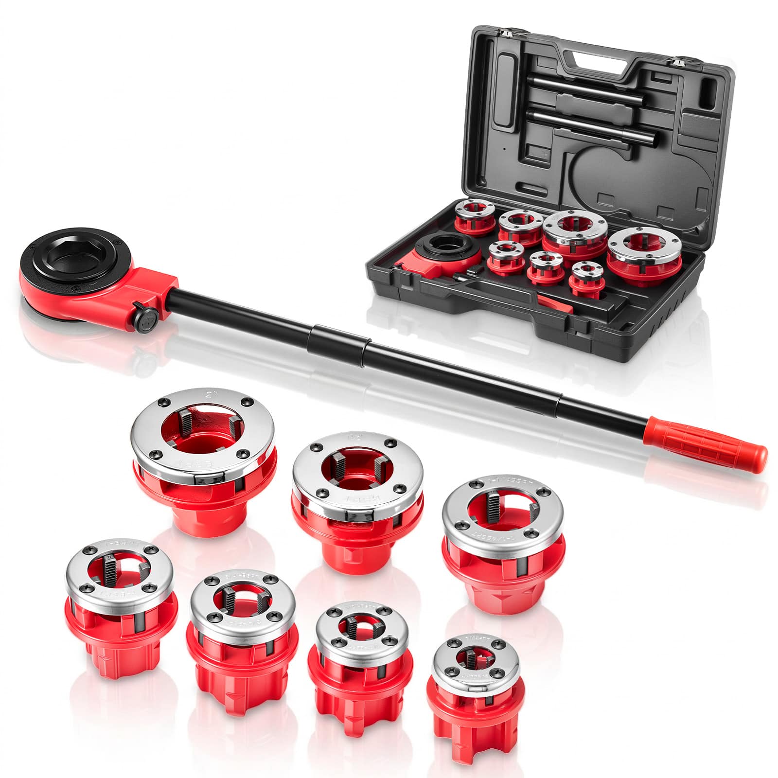 "VEVOR - Ratchet Pipe Threader Kit with 7 Dies, 3/8"" BSPT to 2"" BSPT Manual Ratcheting Pipe Threading Tool, Portable Pipes - Red" price history on PriceWatchPro