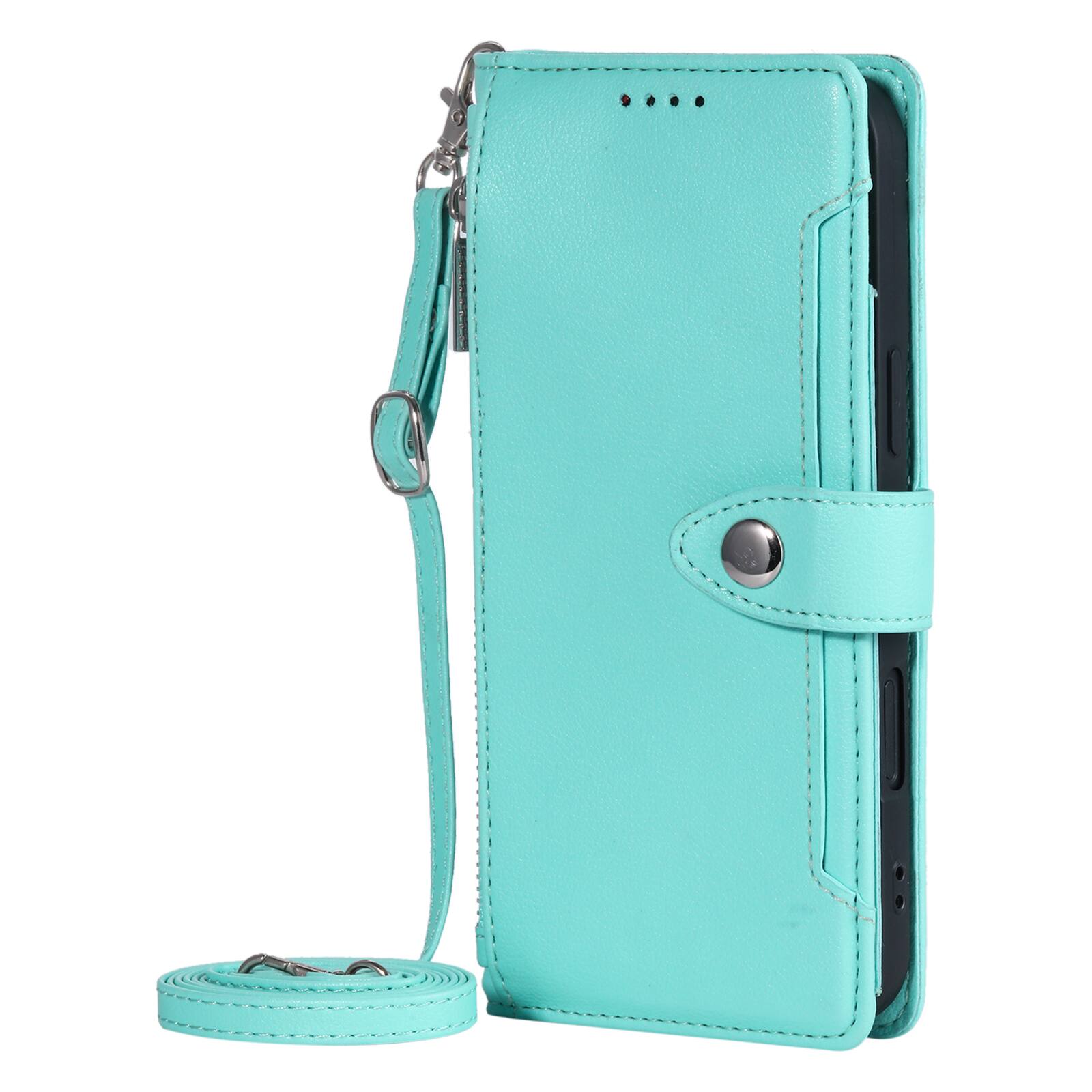 Angle. Dteck - Wallet Case for Samsung Galaxy S25 FE Crossbody Premium Leather Flip Kickstand Zipper Card Slot Cover With Strap+Lanyard - Mint.