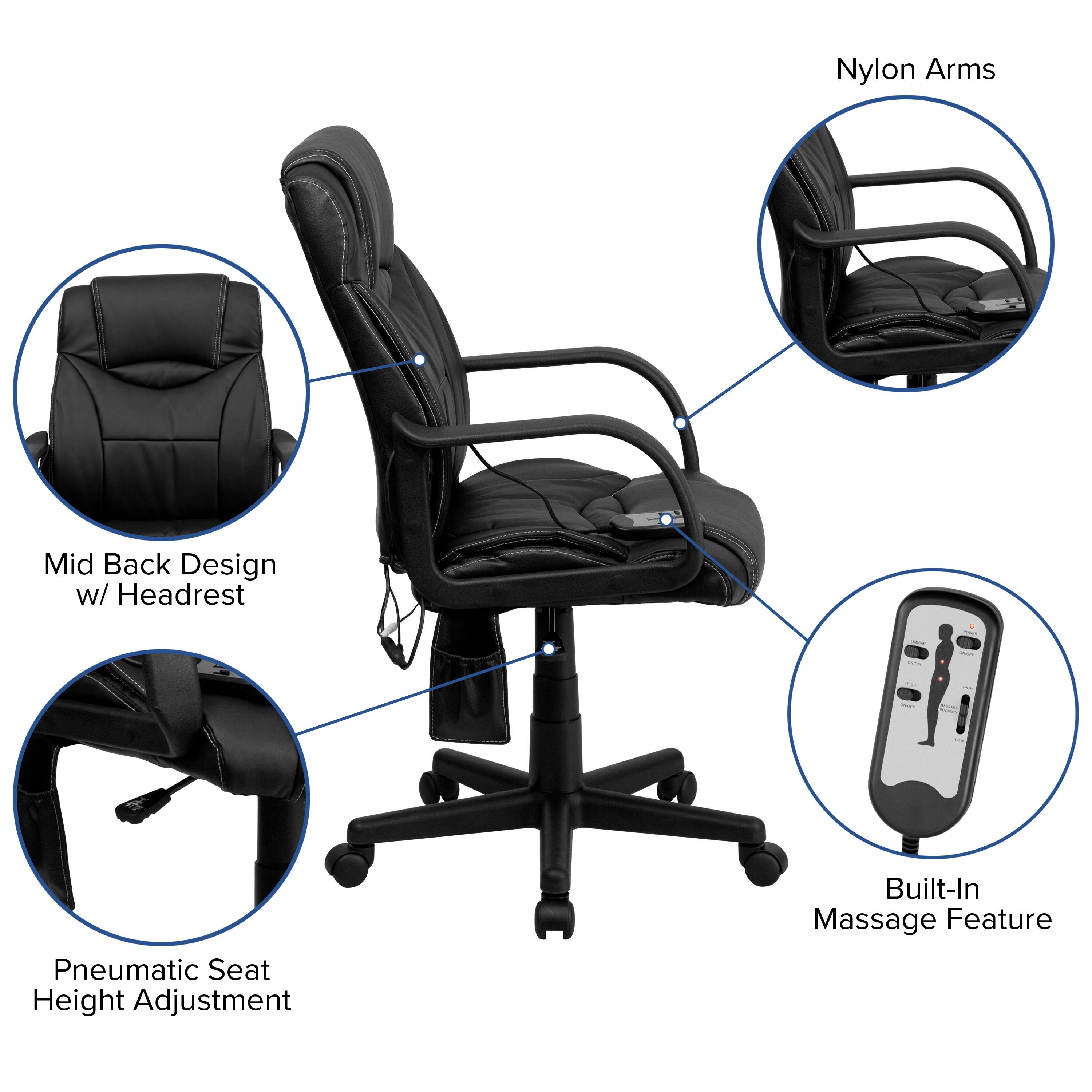 Nylon Arms  
Mid Back Design w/ Headrest  
Pneumatic Seat Height Adjustment  
Built-In Massage Feature