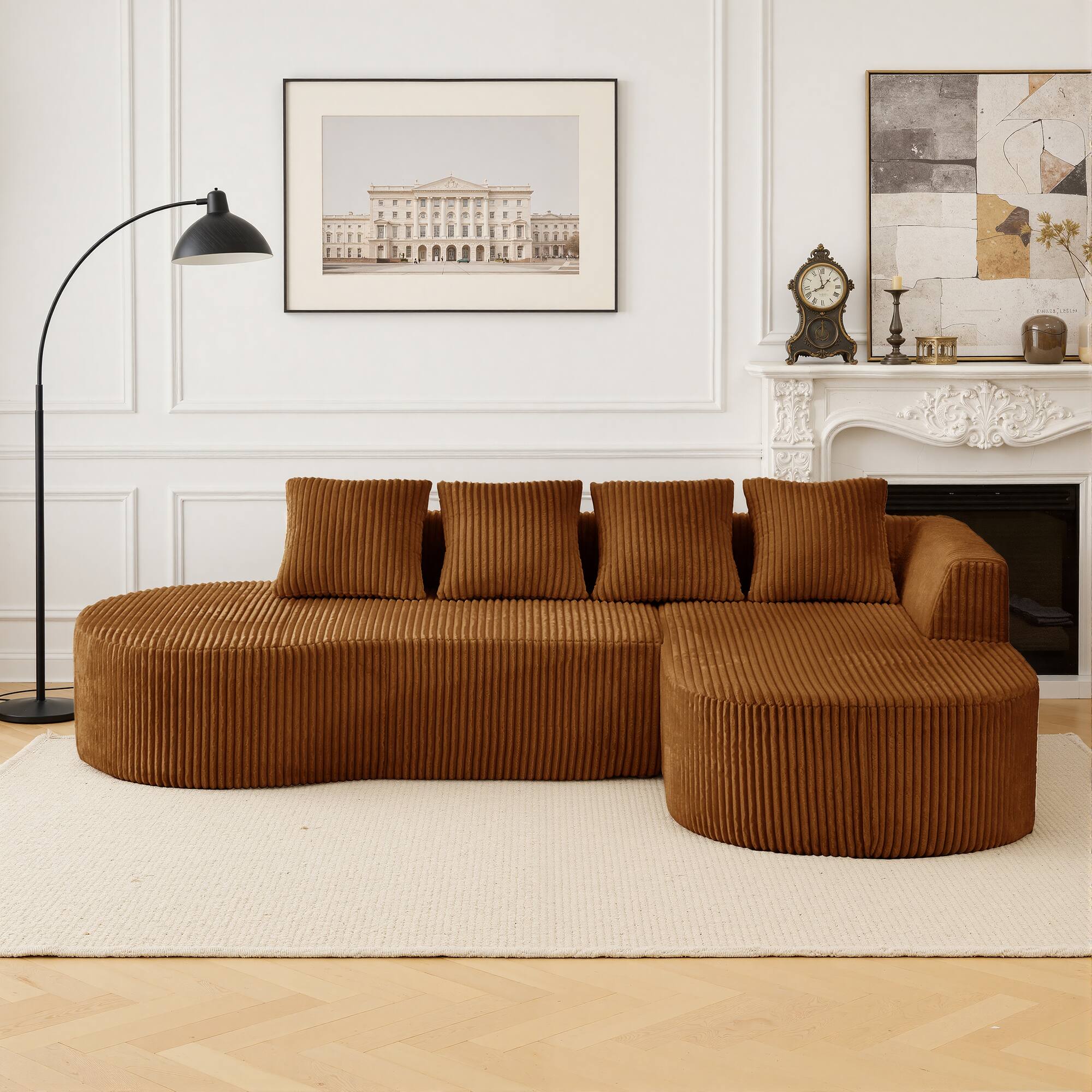 Alt View 2. Meqiodas - Curved Sectional Sofa with Chaise, Modern Luxury Corduroy Cloud Modular Couch with Deep Seat, No Assembly Required - Orange.