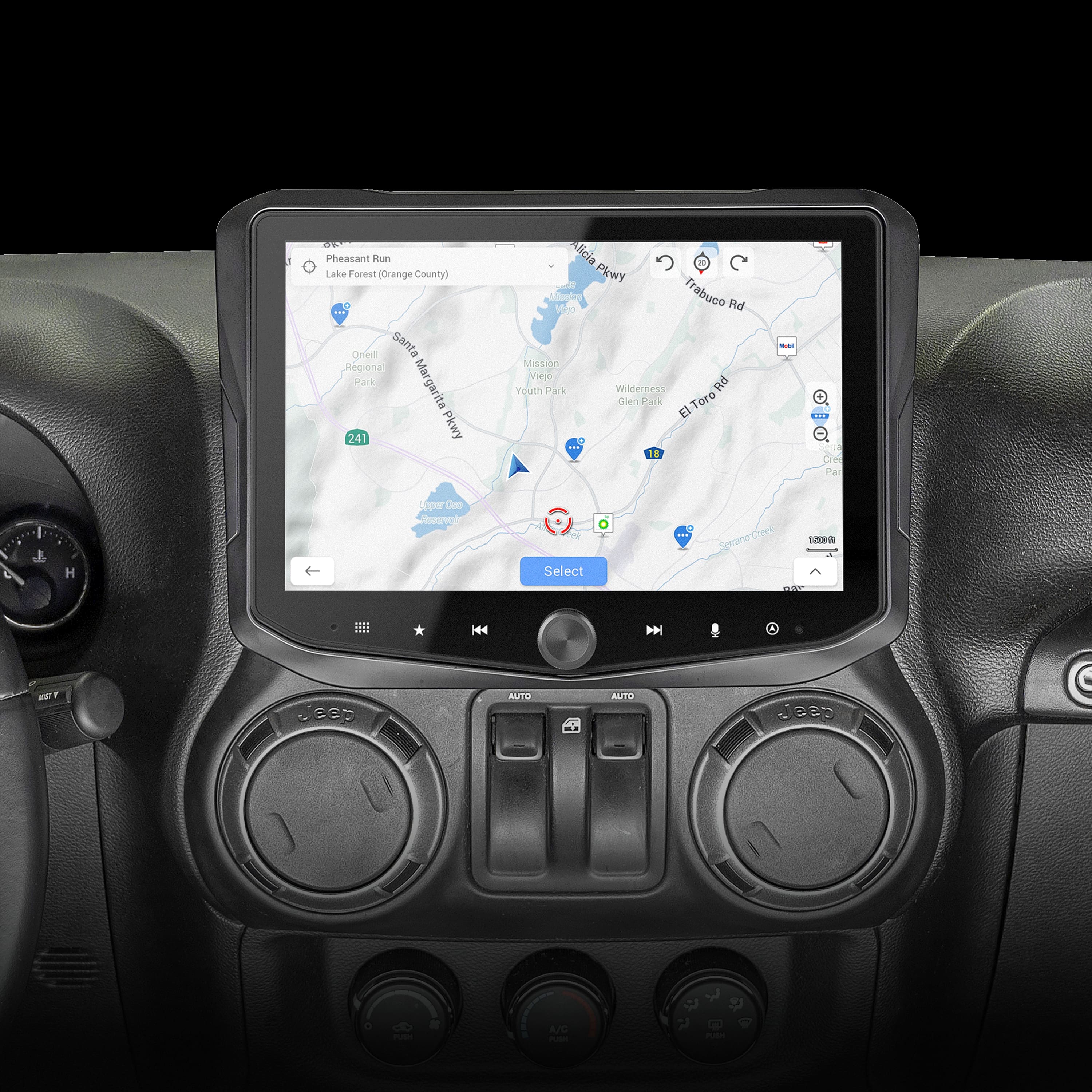 The image shows the dashboard of a car with a GPS navigation system displaying the route to Pheasant Hun Lake Forest in Orange County. The GPS is showing the distance to the destination and the estimated time of arrival. The car's dashboard also has a steering wheel and a speedometer.