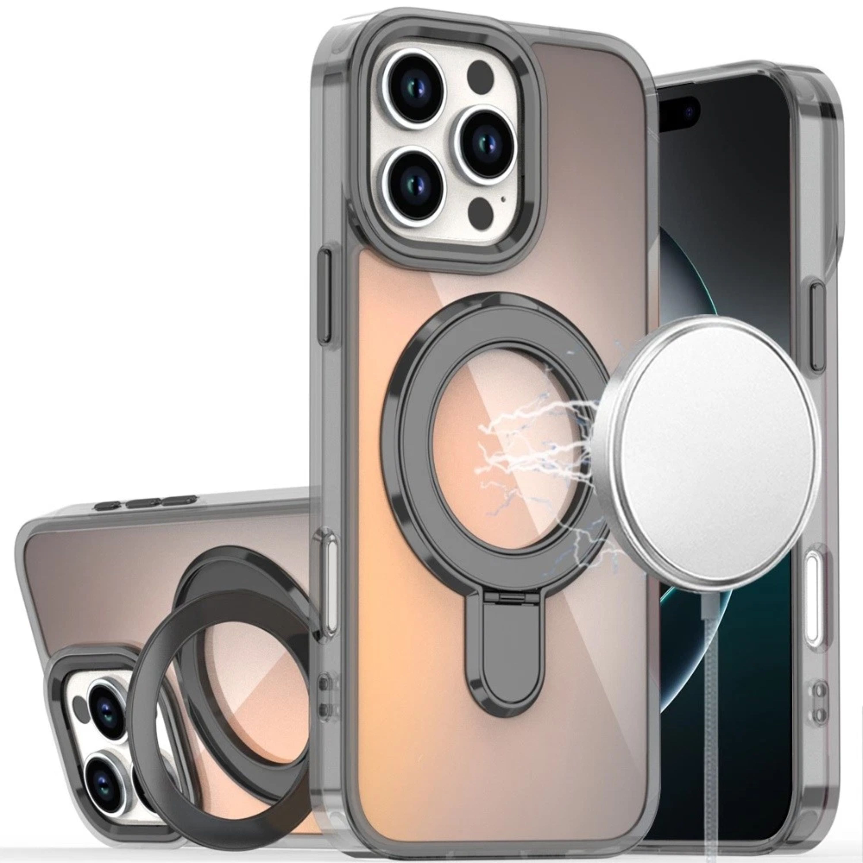Kitcheniva - Glossy Chrome Ring Stand Protective Case With Tempered Glass For iPhone 16 Pro Max - Black price history on PriceWatchPro