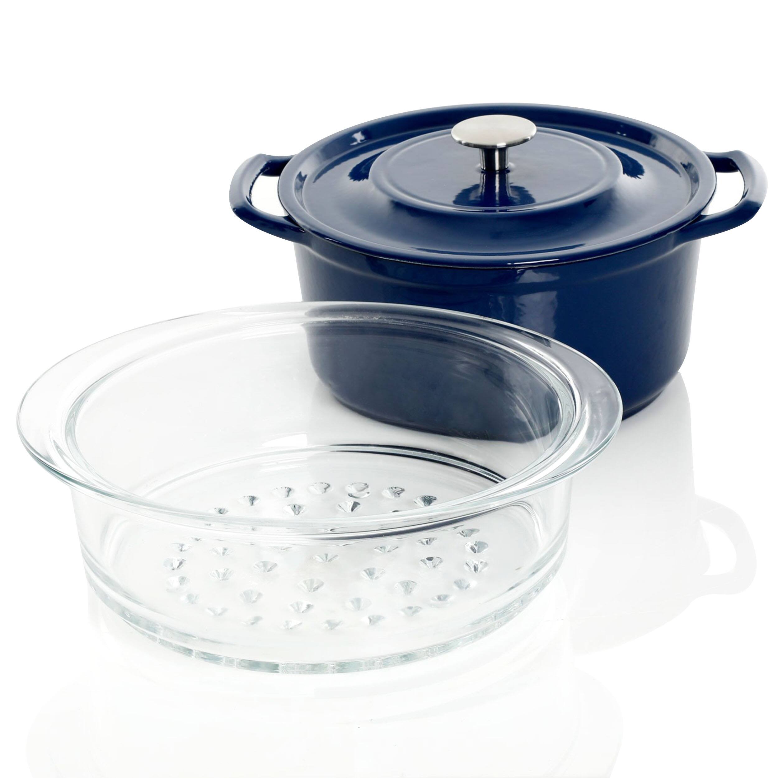 Alt View 2. Kenmore - Kenmore Elite Oak Park 5 Quart Enameled Cast Iron Casserole with Lid and Glass Steamer in Blue - Blue.