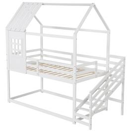 Pefilos - Twin Over Twin Bunk Bed with Stairs and Roof, Twin Bunk Beds, Space-saving Solid Wood House Bed Frame - White
