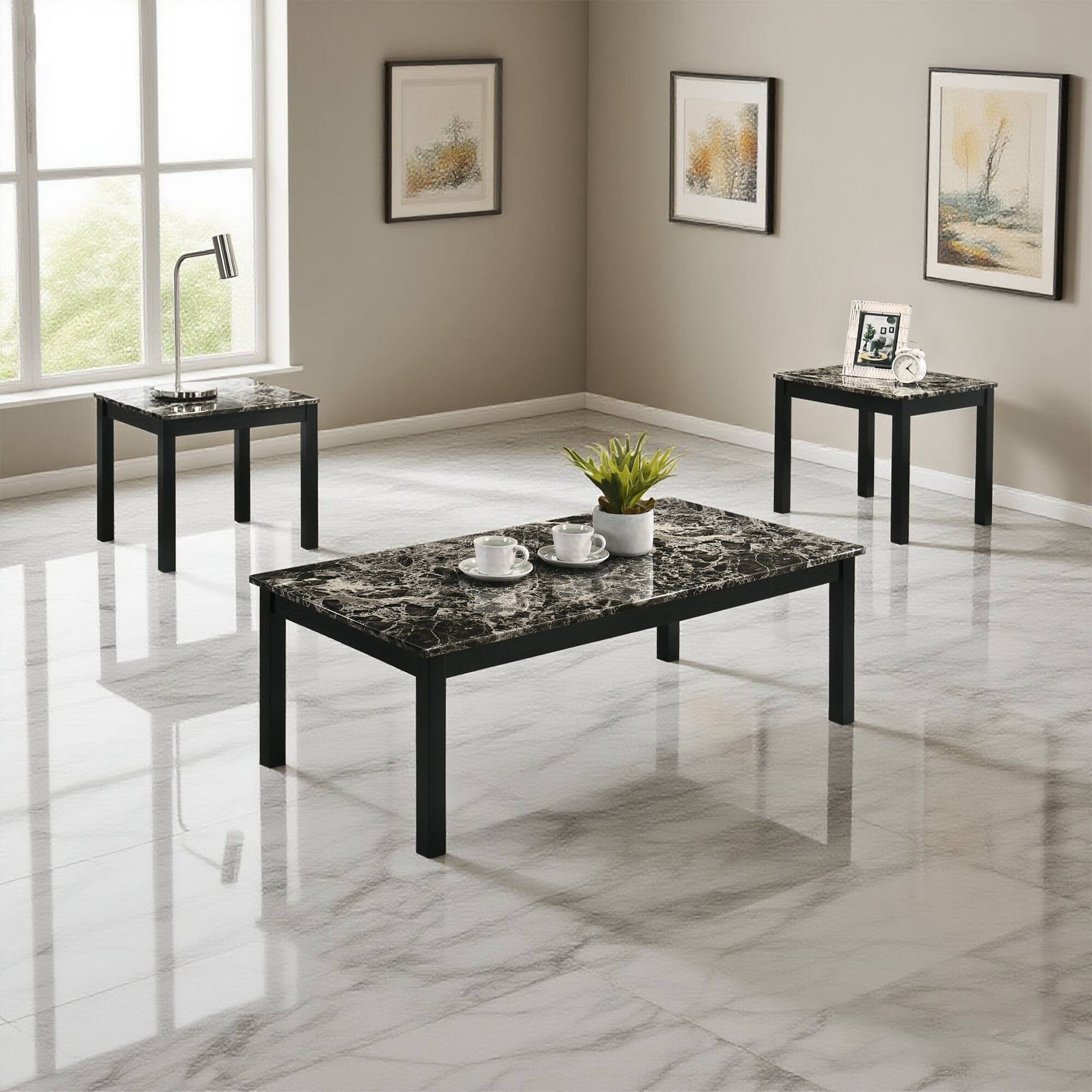 Angle. Vaczon - 3-Piece Table Set Solid Wood Legs, Modern Coffee Table with 2 End Tables - Black & White.