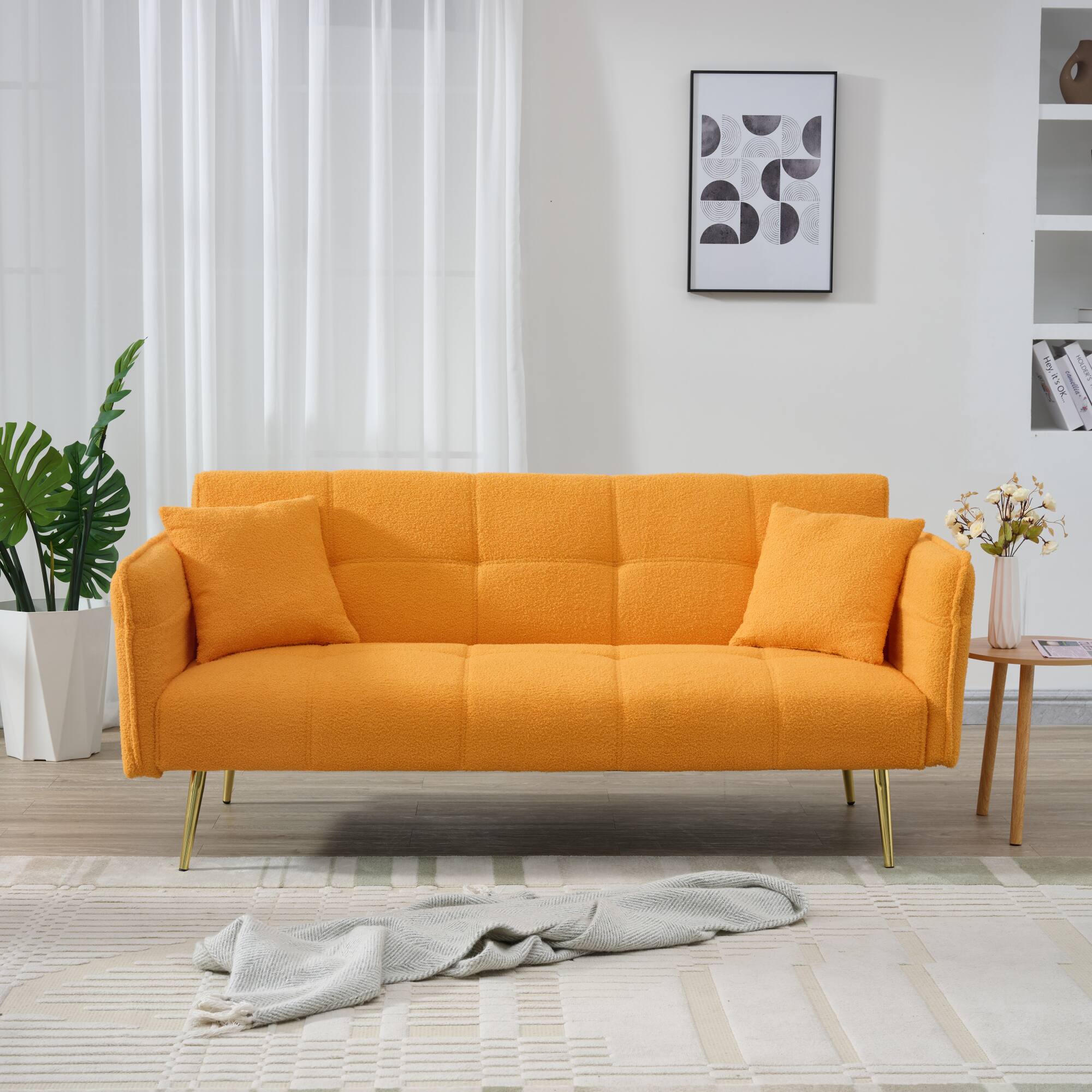 Angle. GOODSILO - Space-Saving Convertible Sofa Bed with Folding Armrests | Double Sleeper for Living Rooms & Apartments - Yellow.
